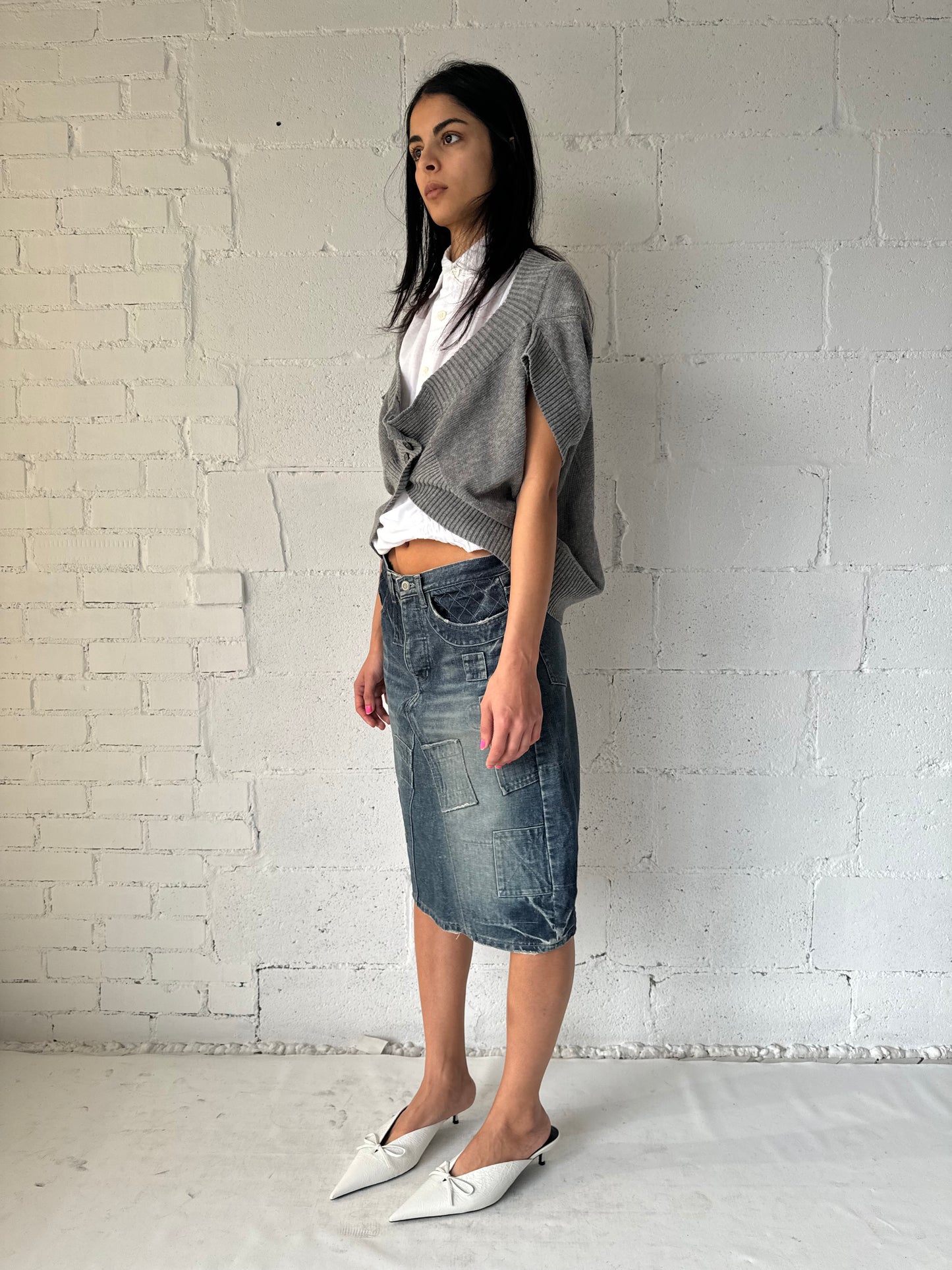 patchwork denim midi skirt