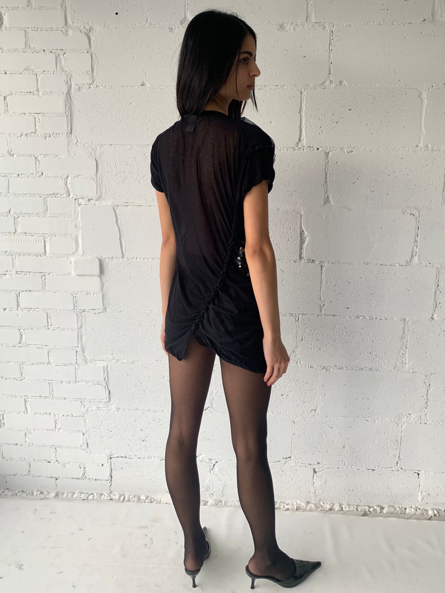 sequin semi sheer twist mini dress / black