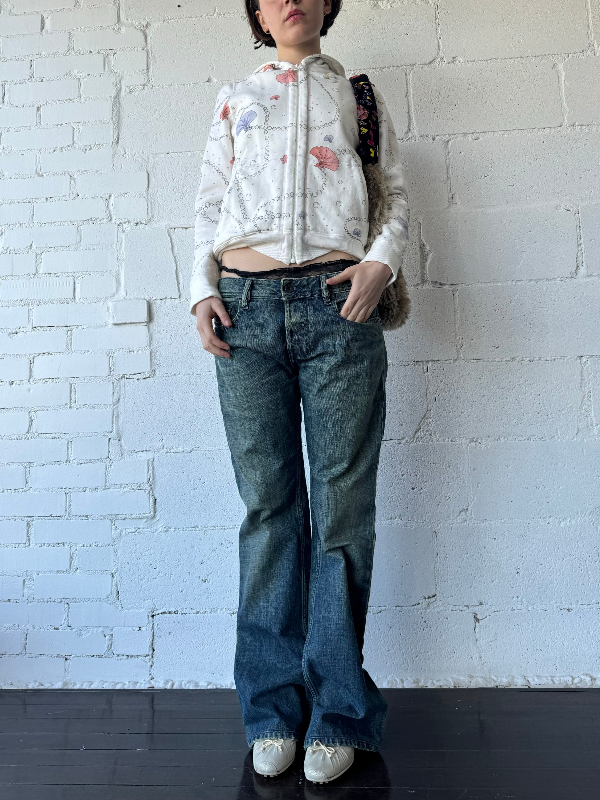 baggy flare denim in medium blue green wash 28