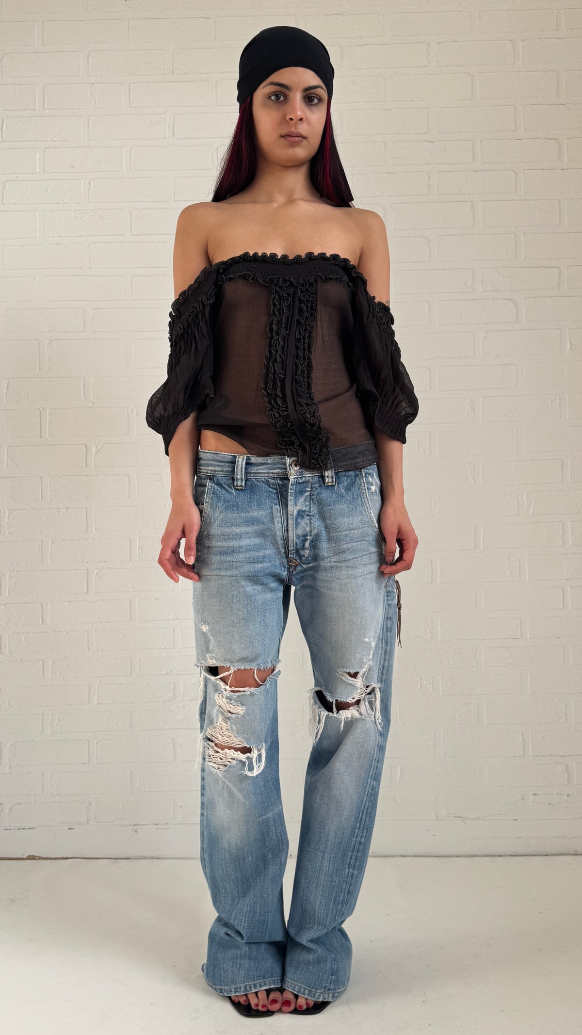 Charcoal Silk Ruffle Top