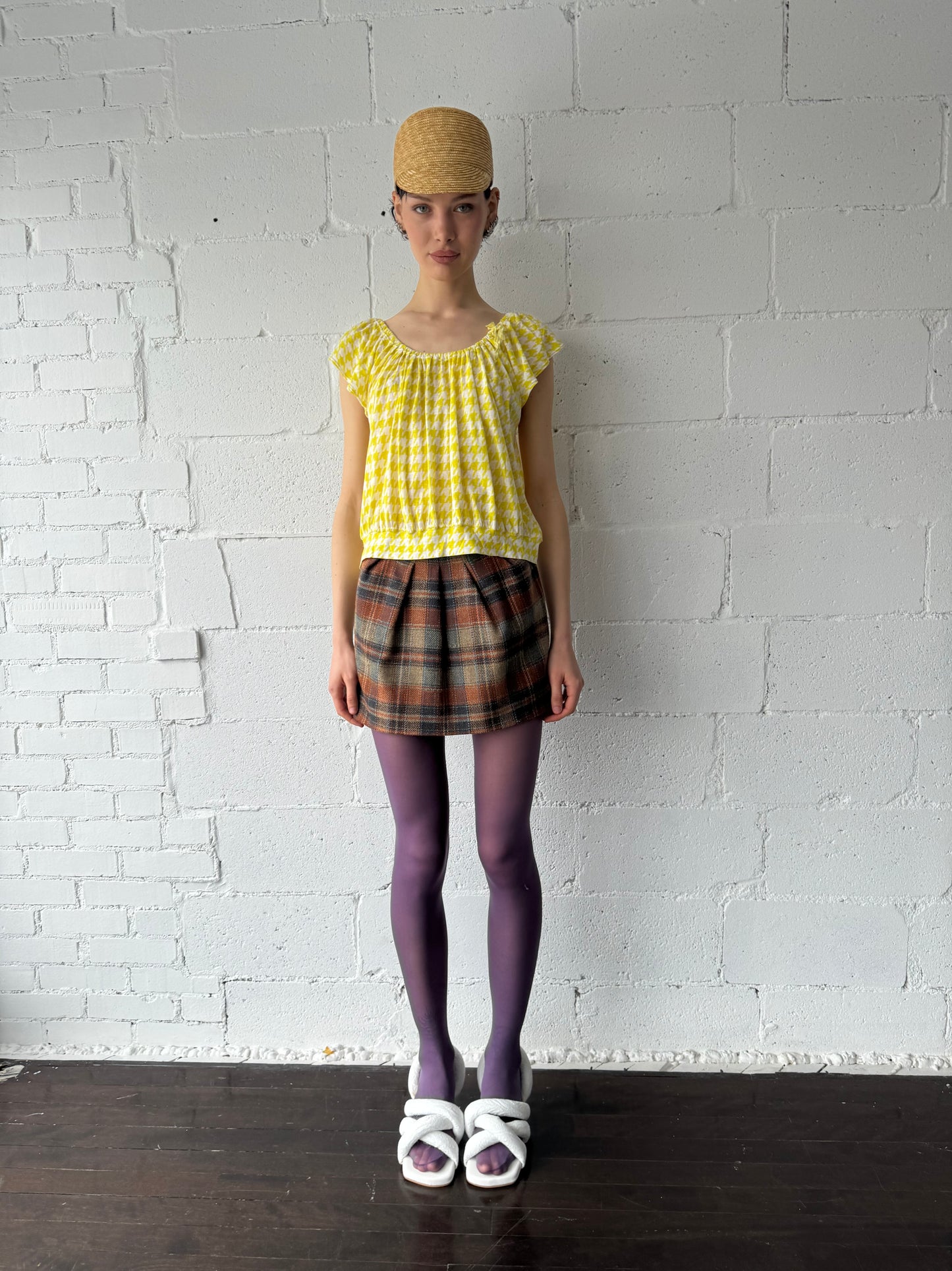 houndstooth cotton gauze shirt / yellow