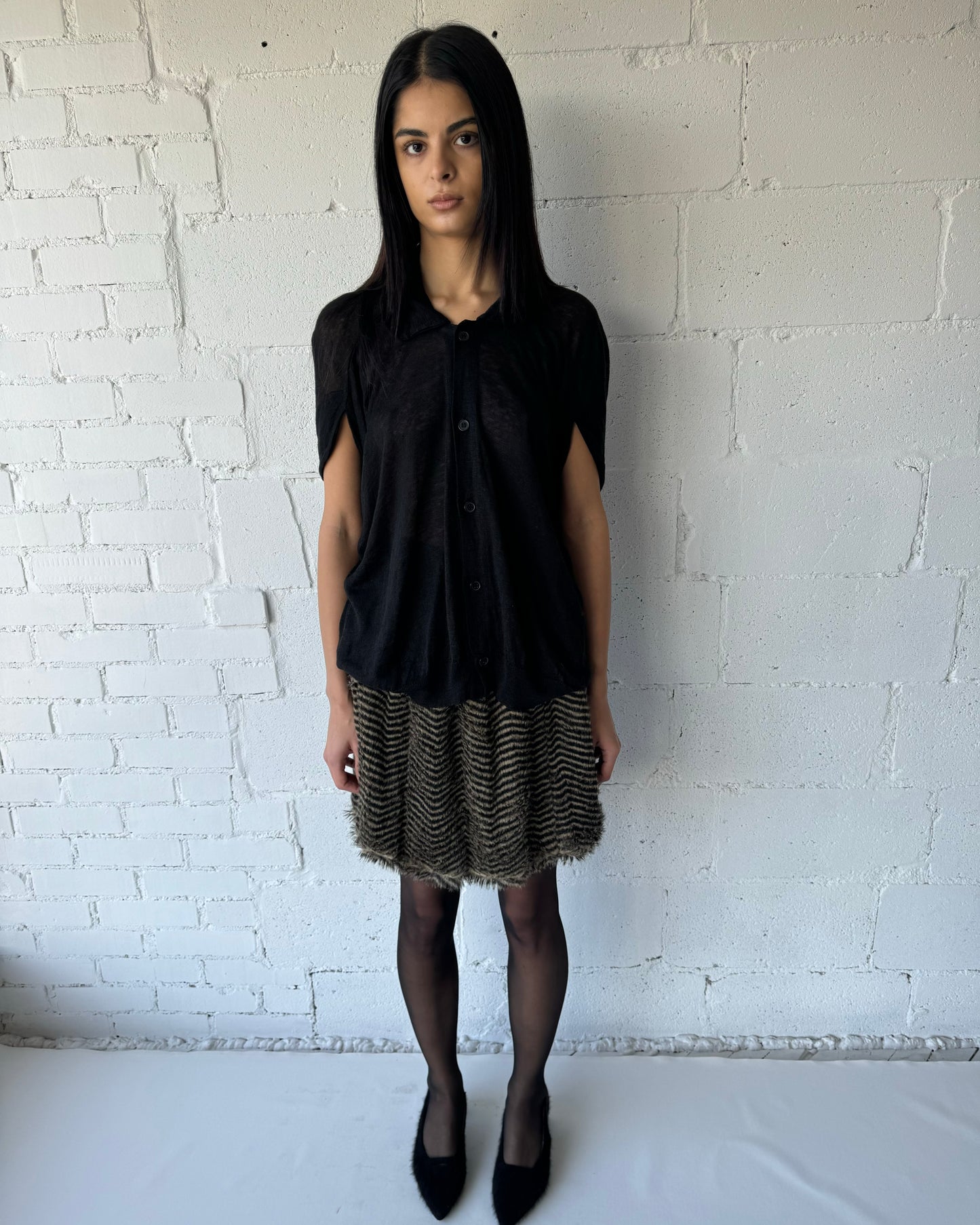 sheer curve sleeve knit polo / black