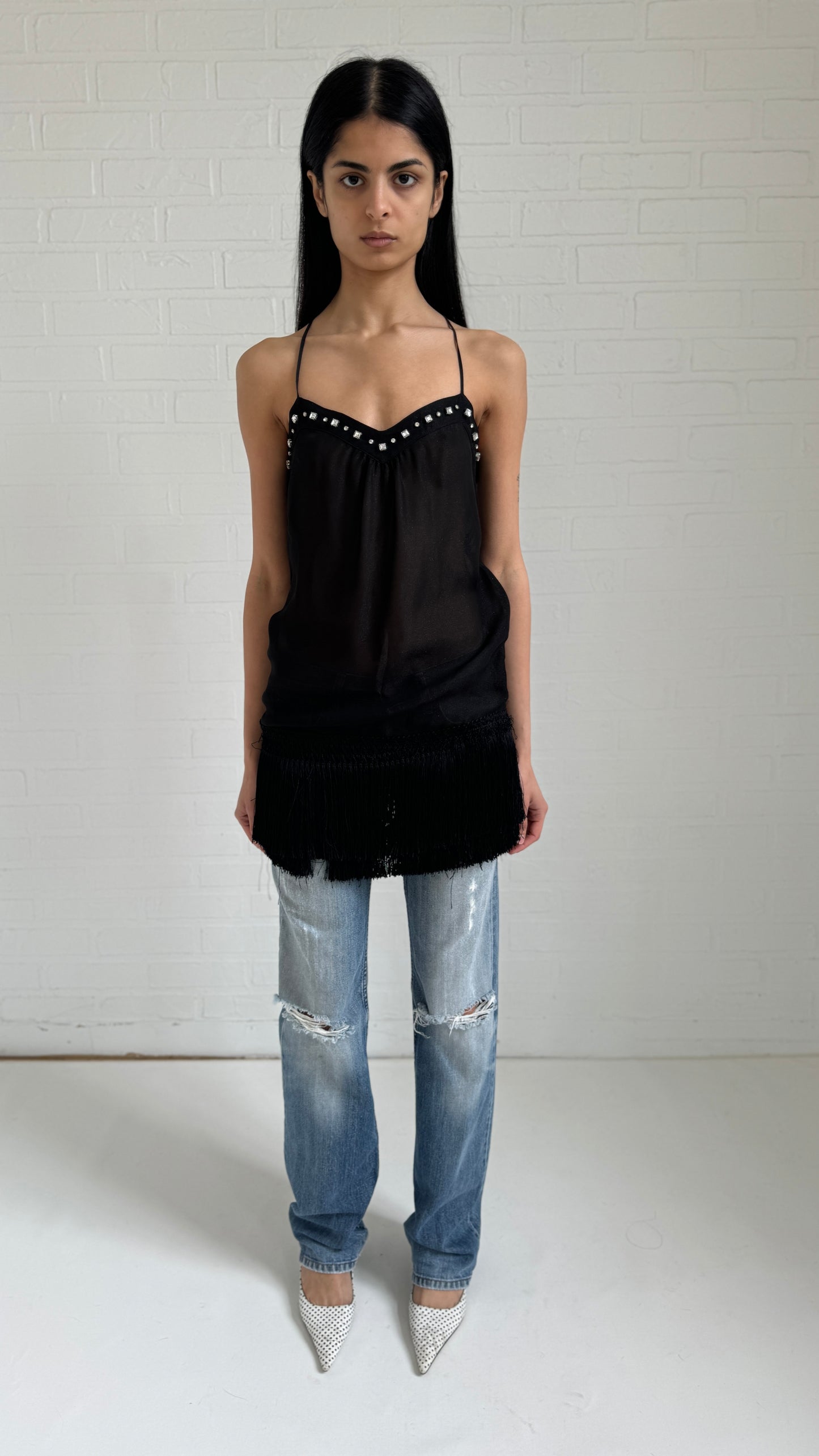 fringe sheer mini dress