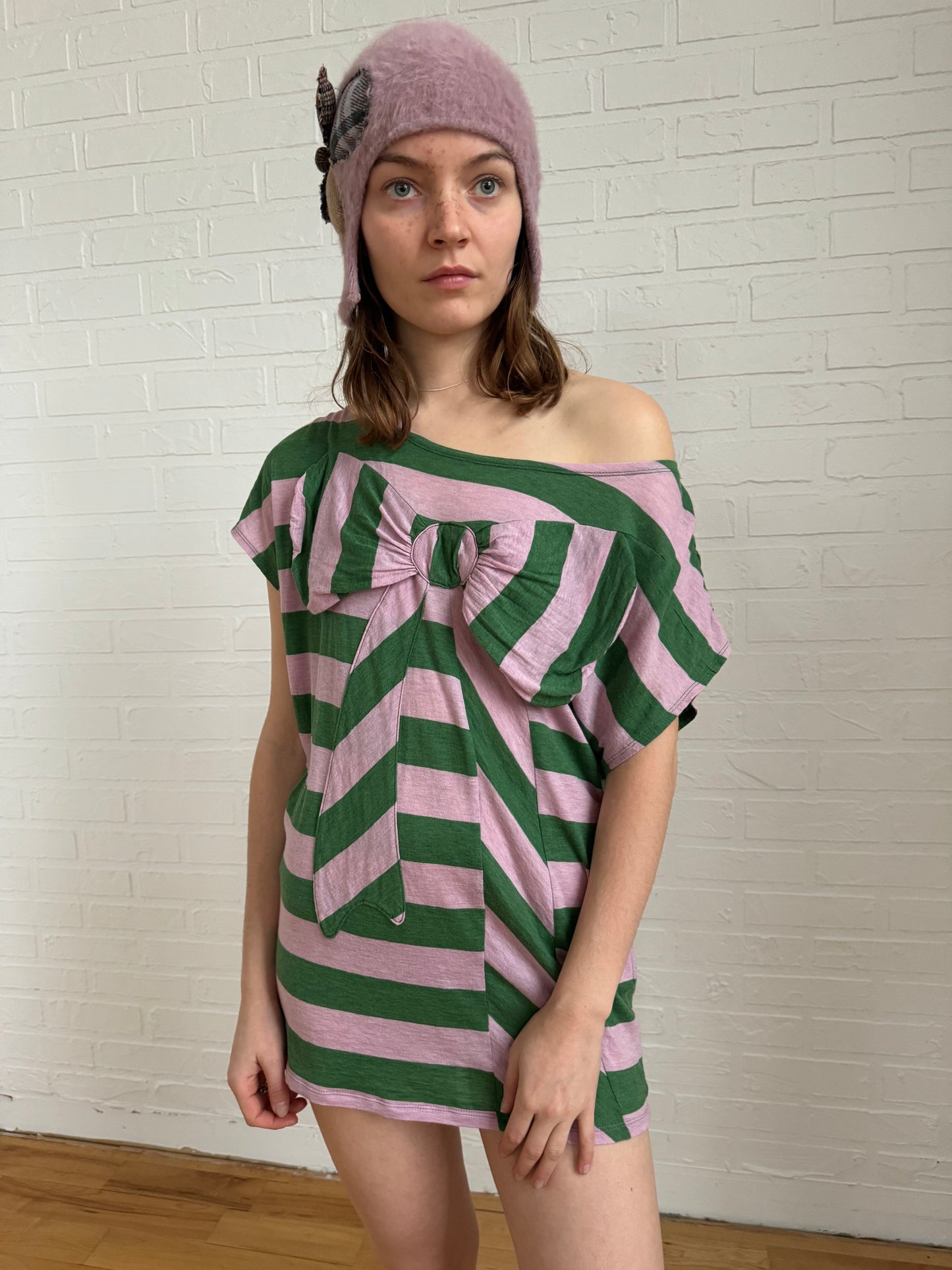 Tsumori Chisato striped bow shirt in lilac / green