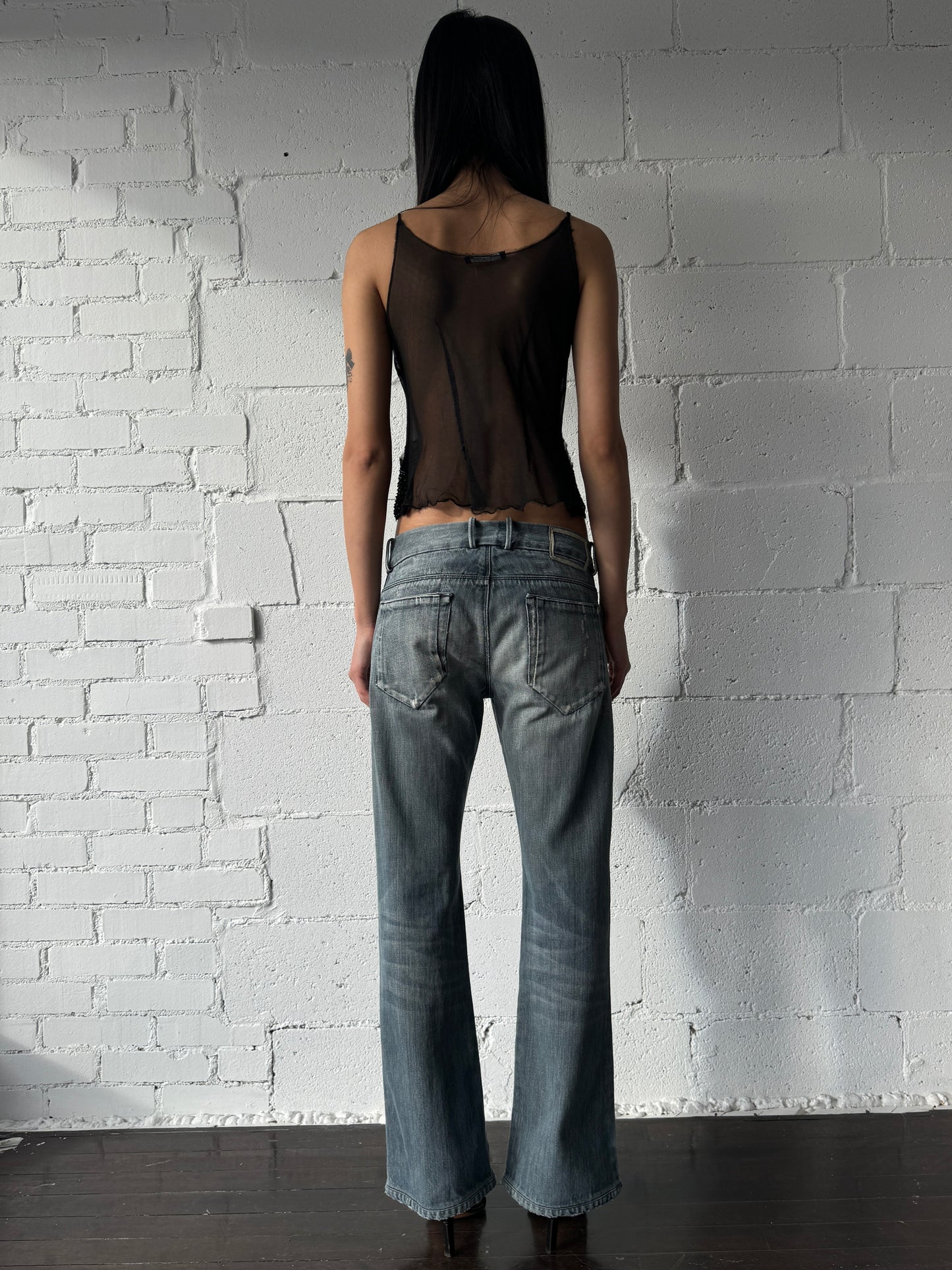 distressed flare jeans grey blue wash