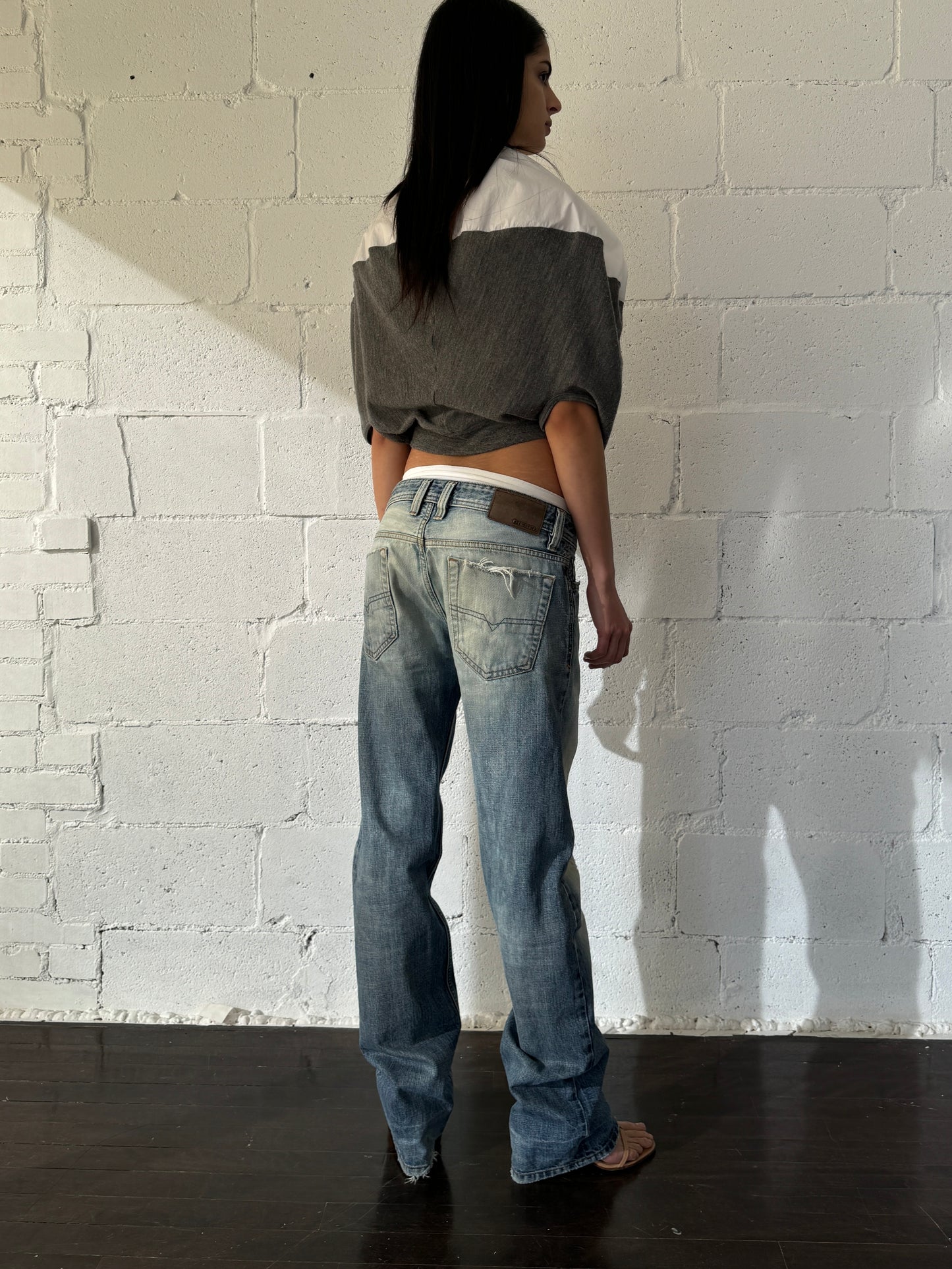 Distressed stone wash long inseam