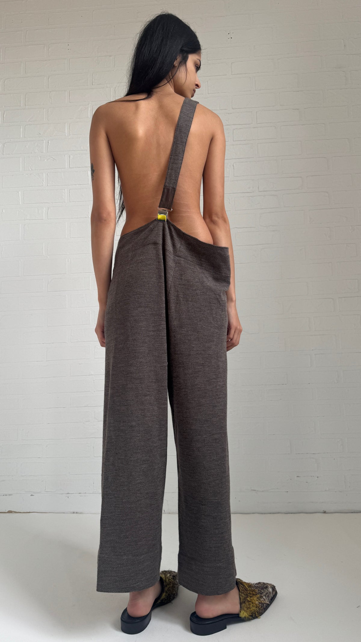 Femme Wool Herringbone Suspender Trousers Brown
