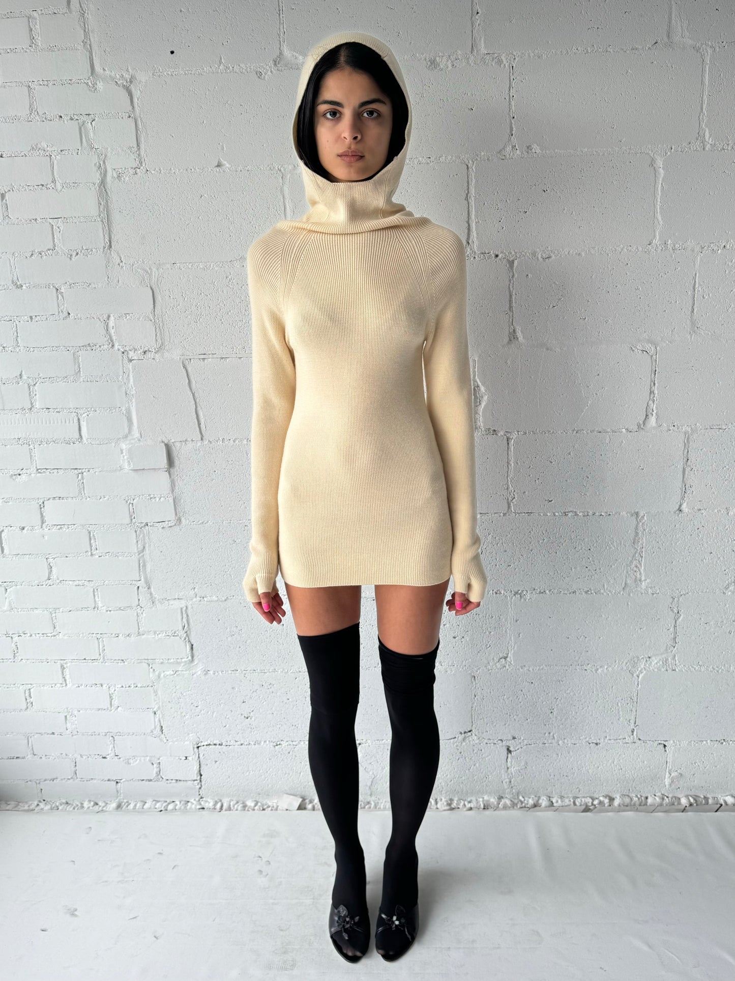 rib knit glove hoodie / off white