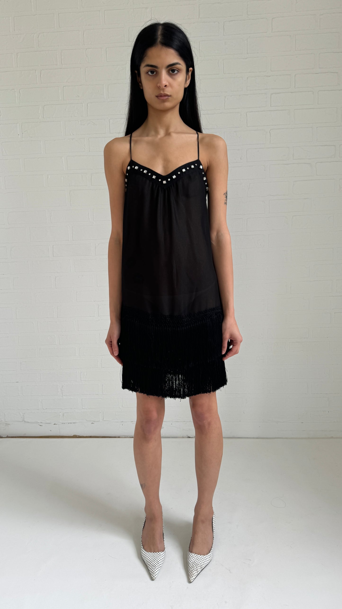 fringe sheer mini dress