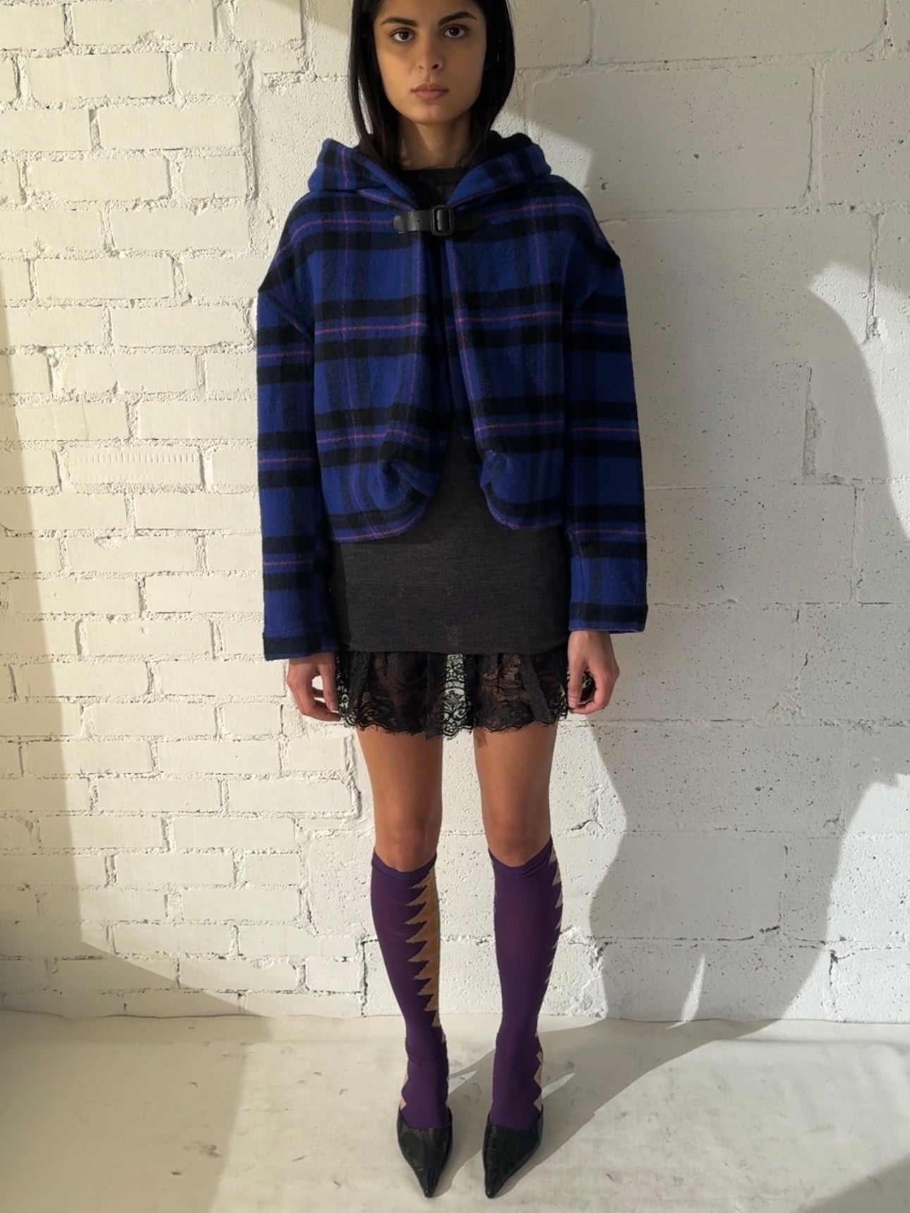 wool plaid cropped hood jacket