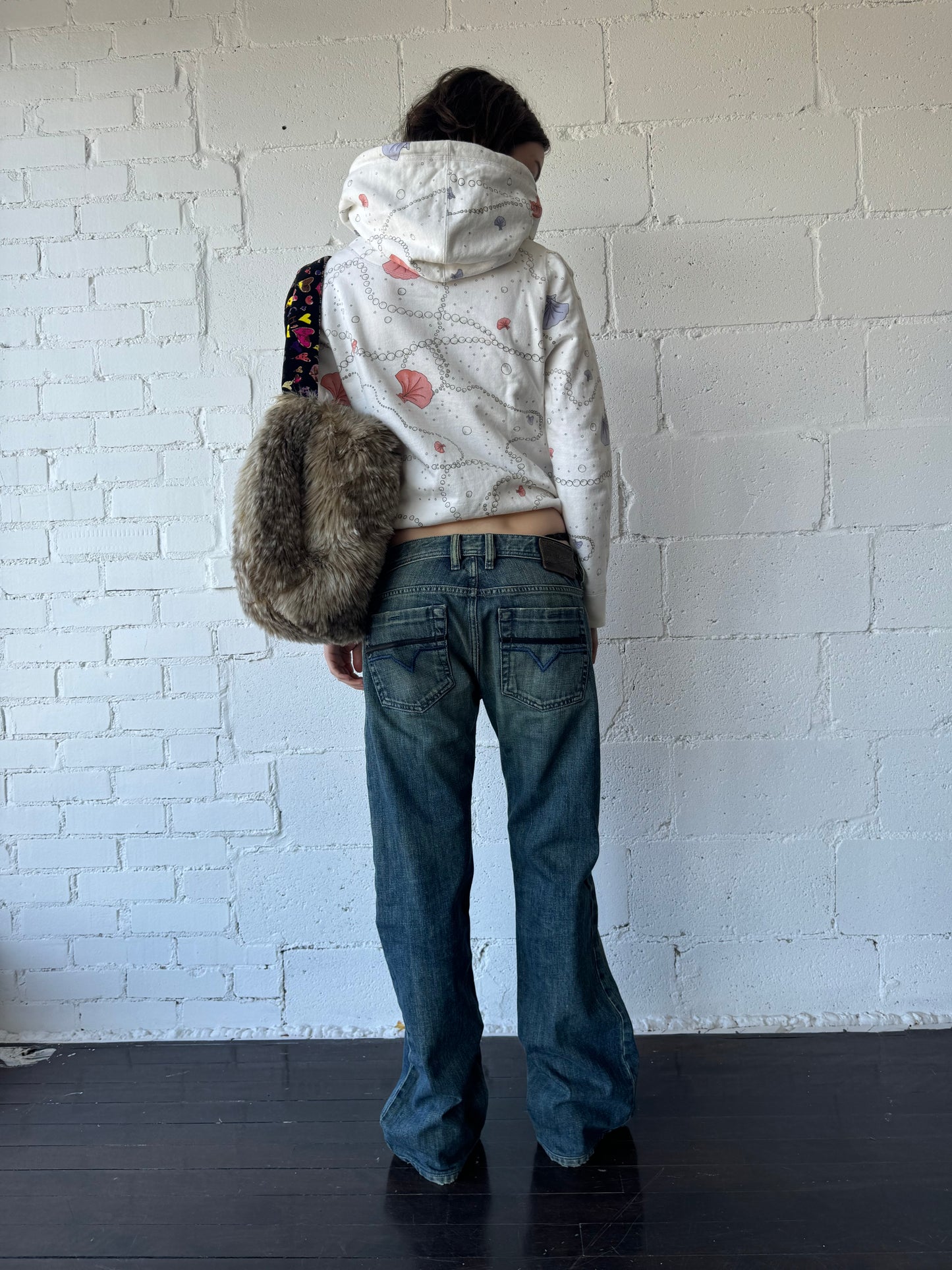 baggy flare denim in medium blue green wash 28