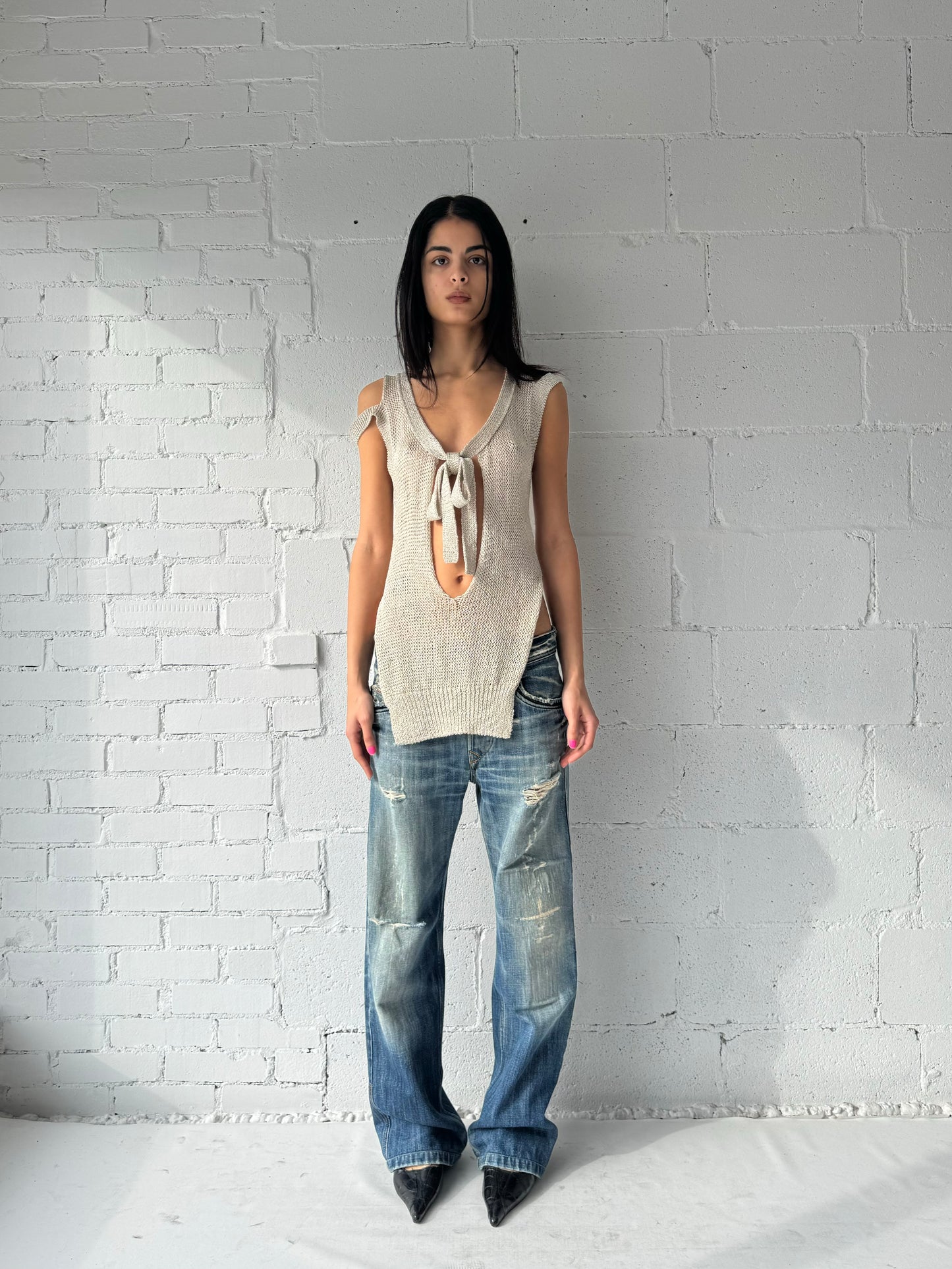 knit sleeveless top / beige