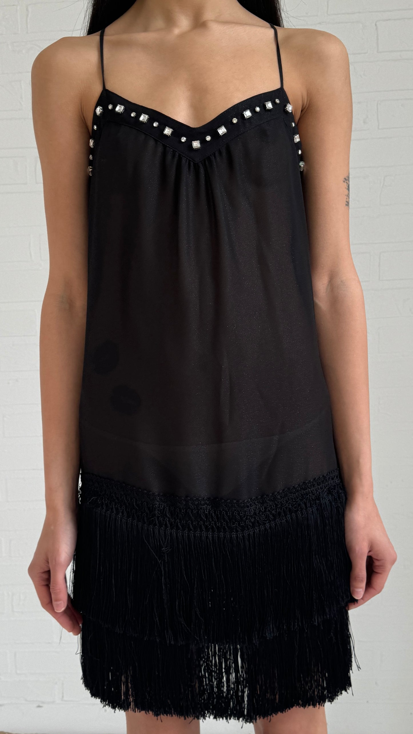 fringe sheer mini dress