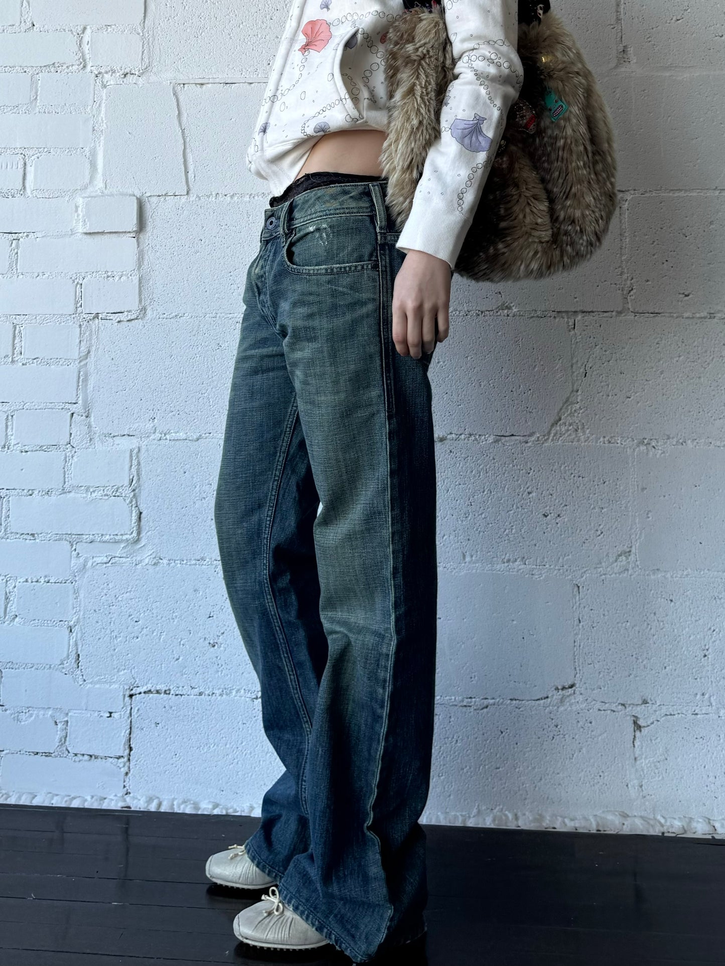 baggy flare denim in medium blue green wash 28