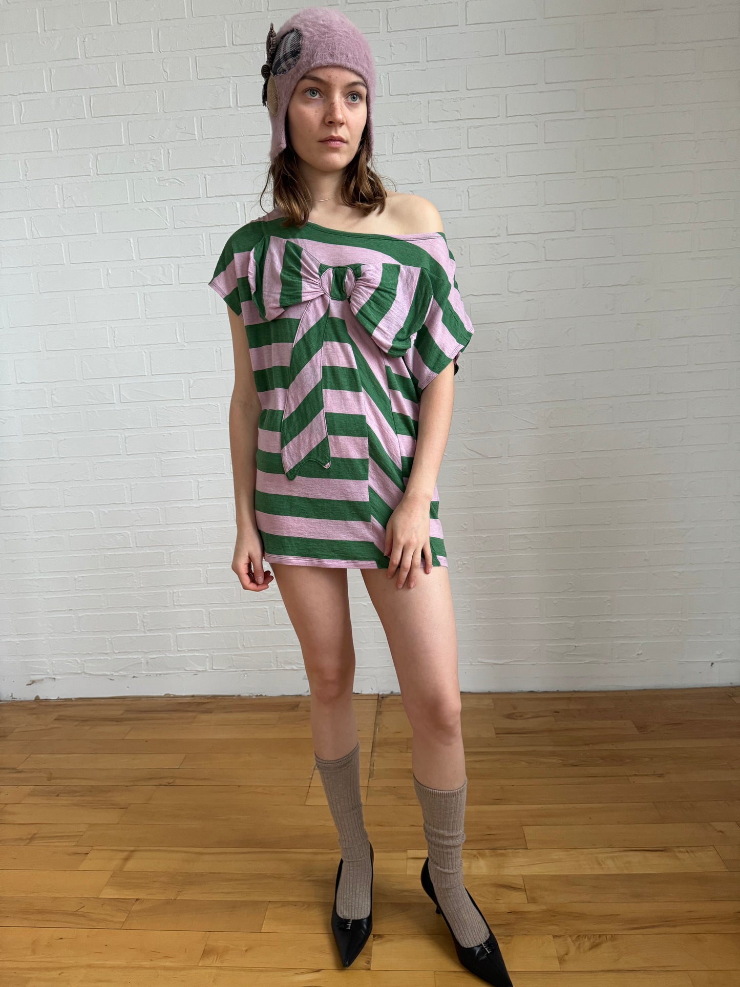 Tsumori Chisato striped bow shirt in lilac / green
