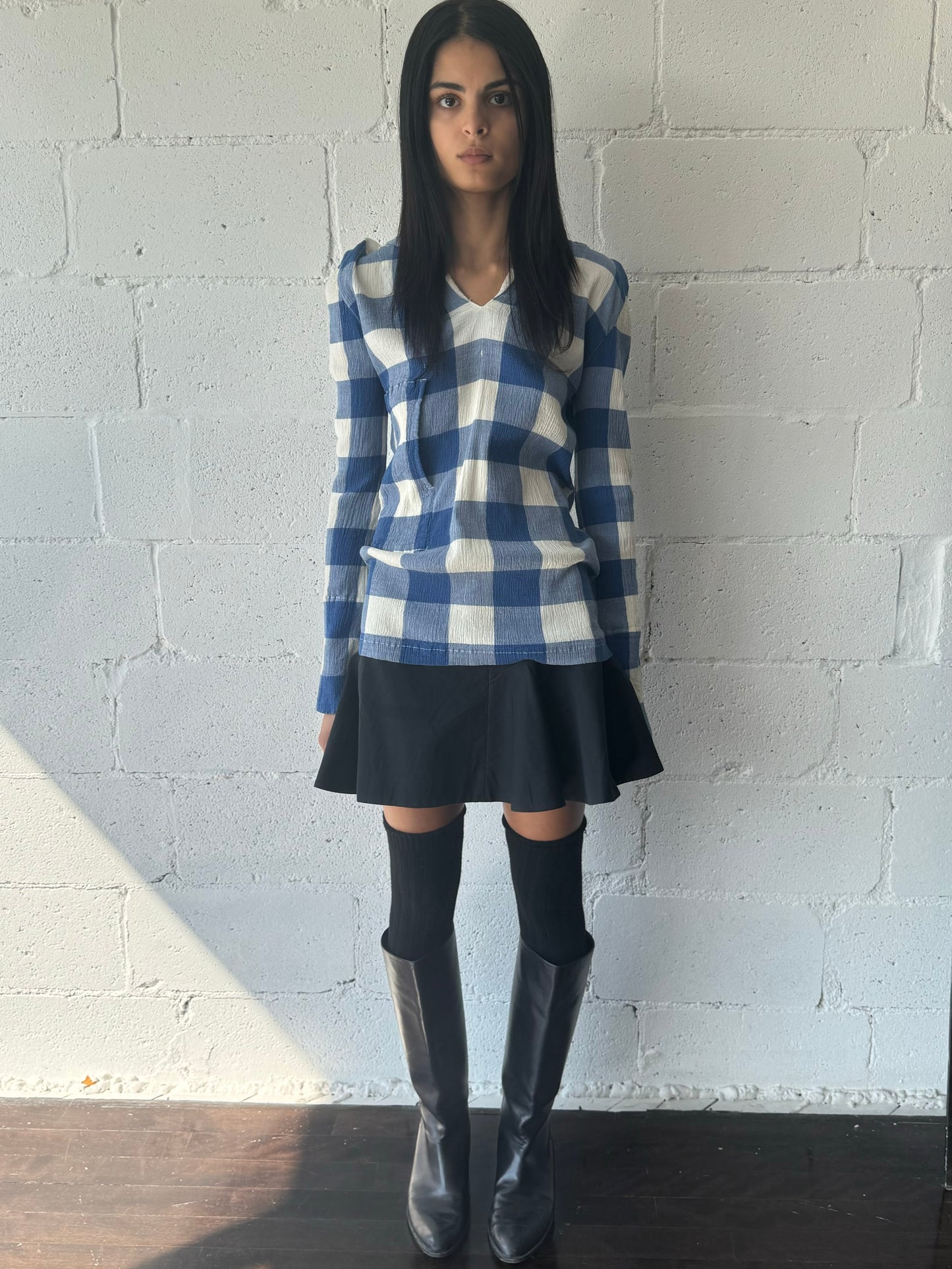 pleats checked long sleeve