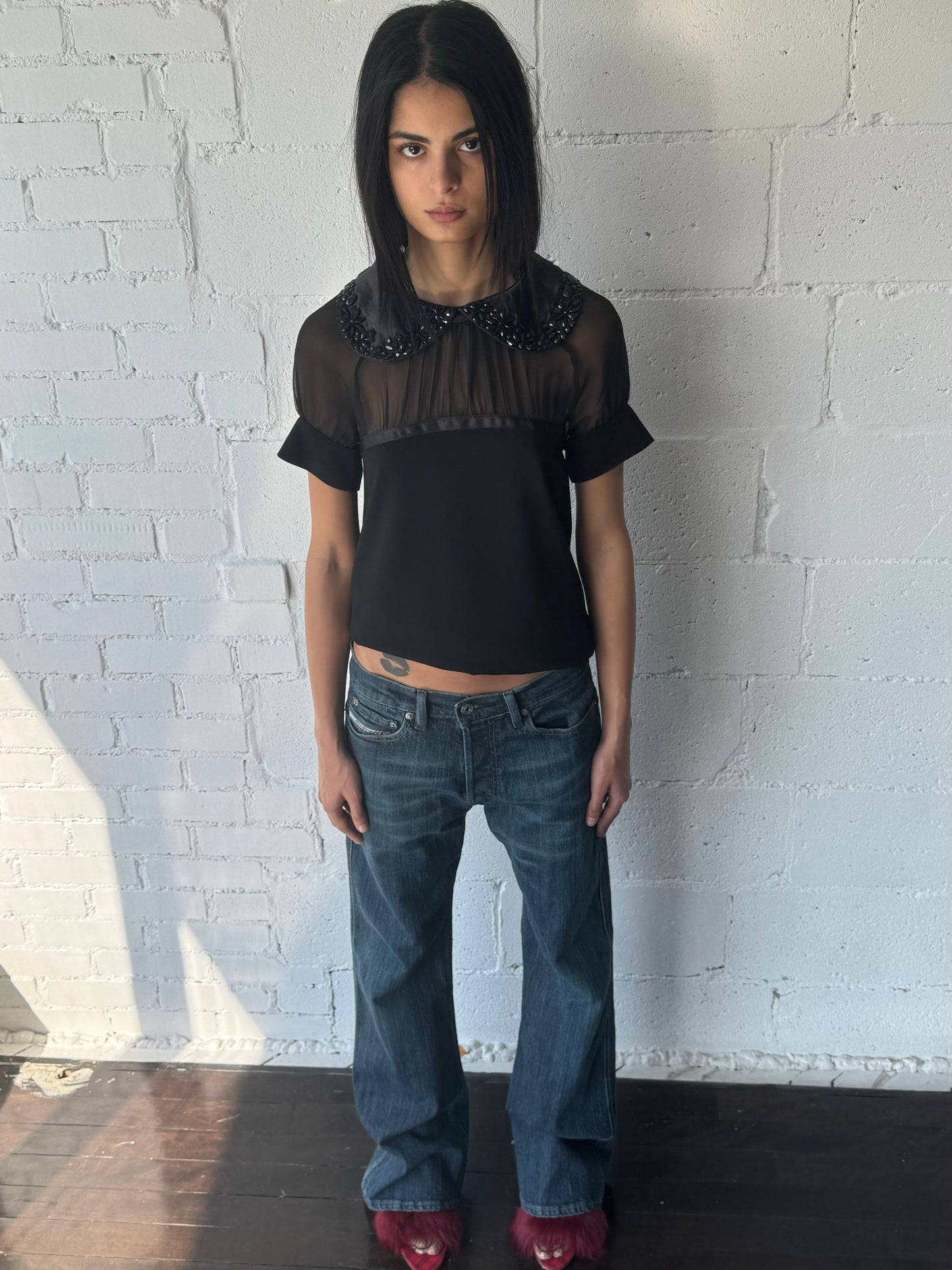 silk chiffon satin jewel collar blouse / black