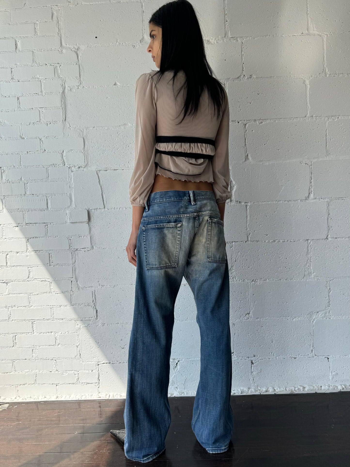 ribbon mesh blouse / taupe