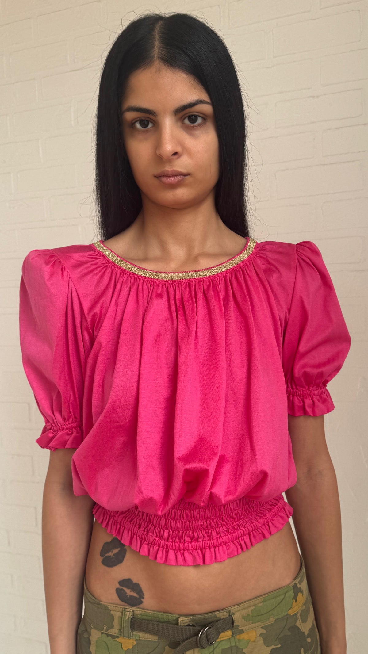 Silk Puff Sleeve Ringer Top
