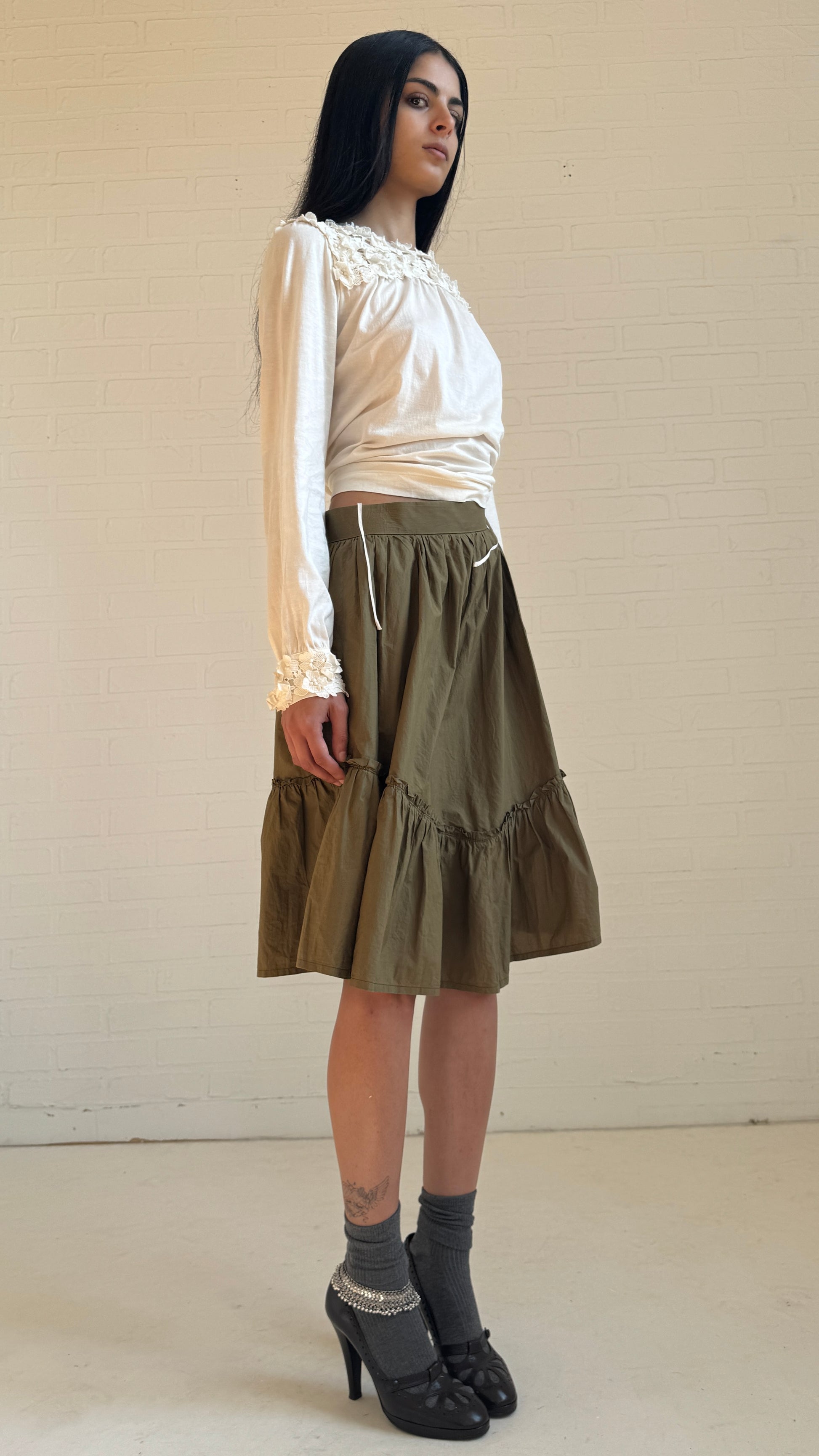 Tiered Cotton Skirt Olive