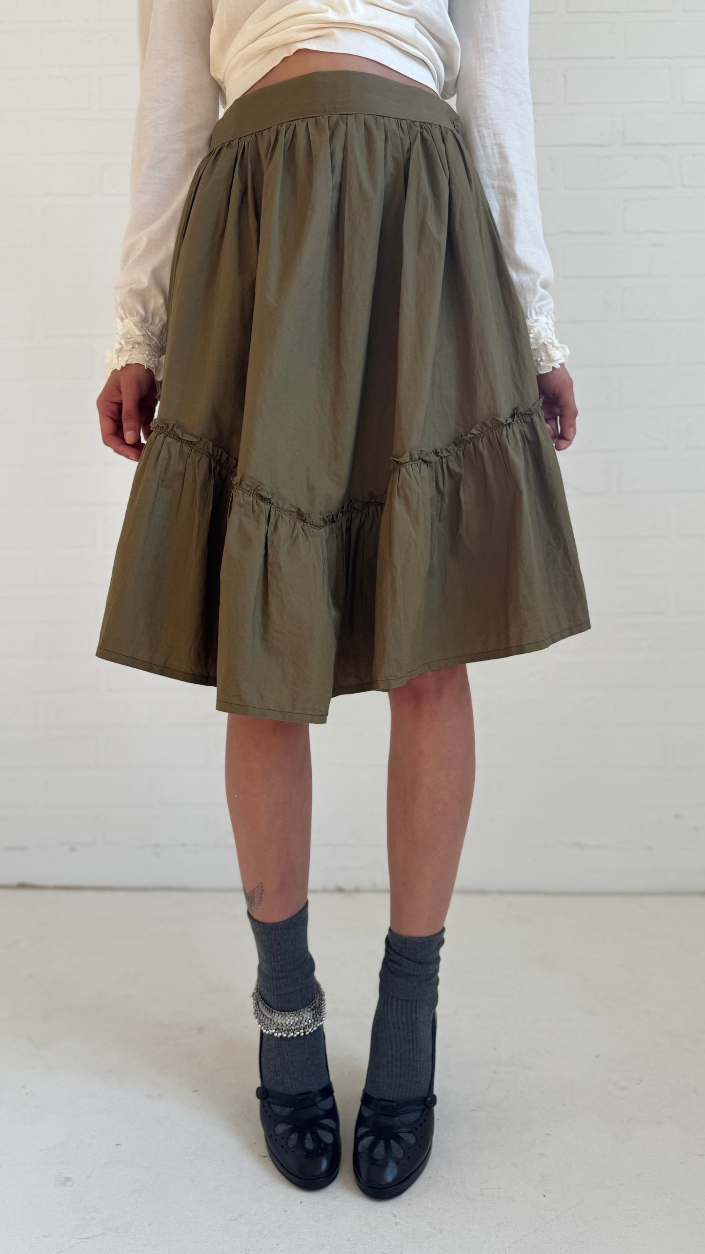 Tiered Cotton Skirt Olive