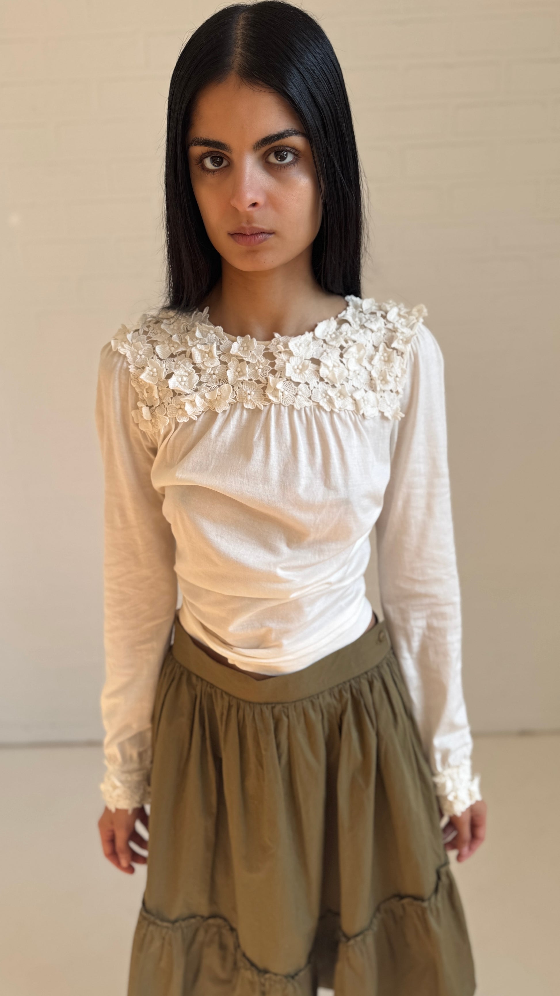 Floral Appliqué Long Sleeve Cotton Silk Tie Top