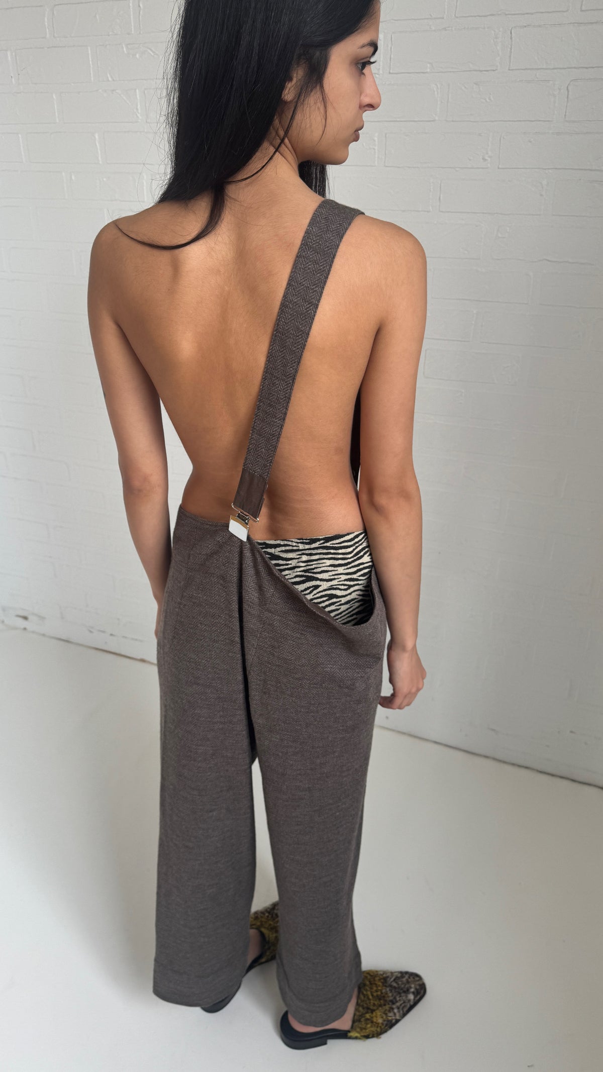 Femme Wool Herringbone Suspender Trousers Brown