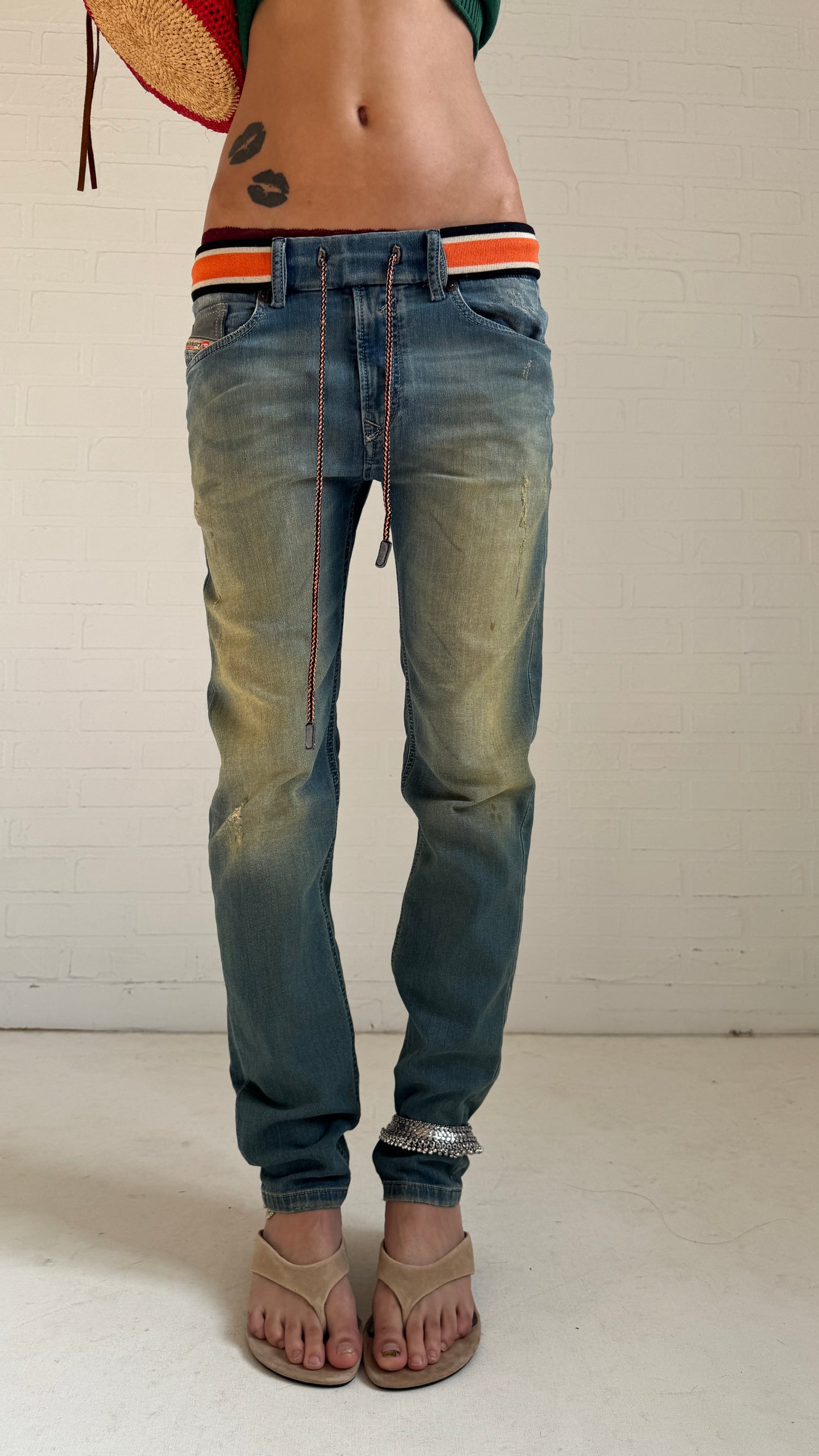 Striped Waist Distressed Jeans