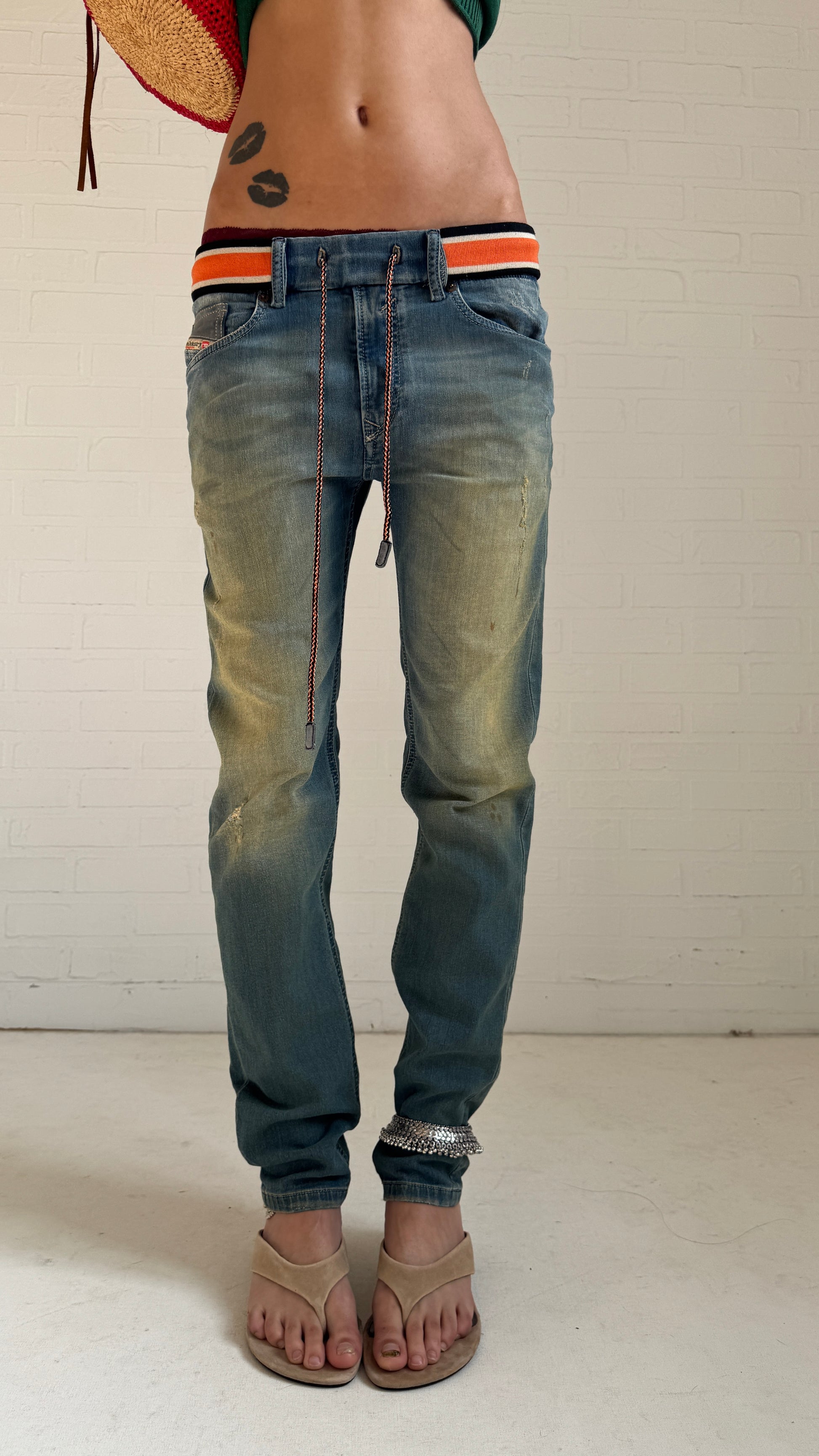 Striped Waist Distressed Jeans