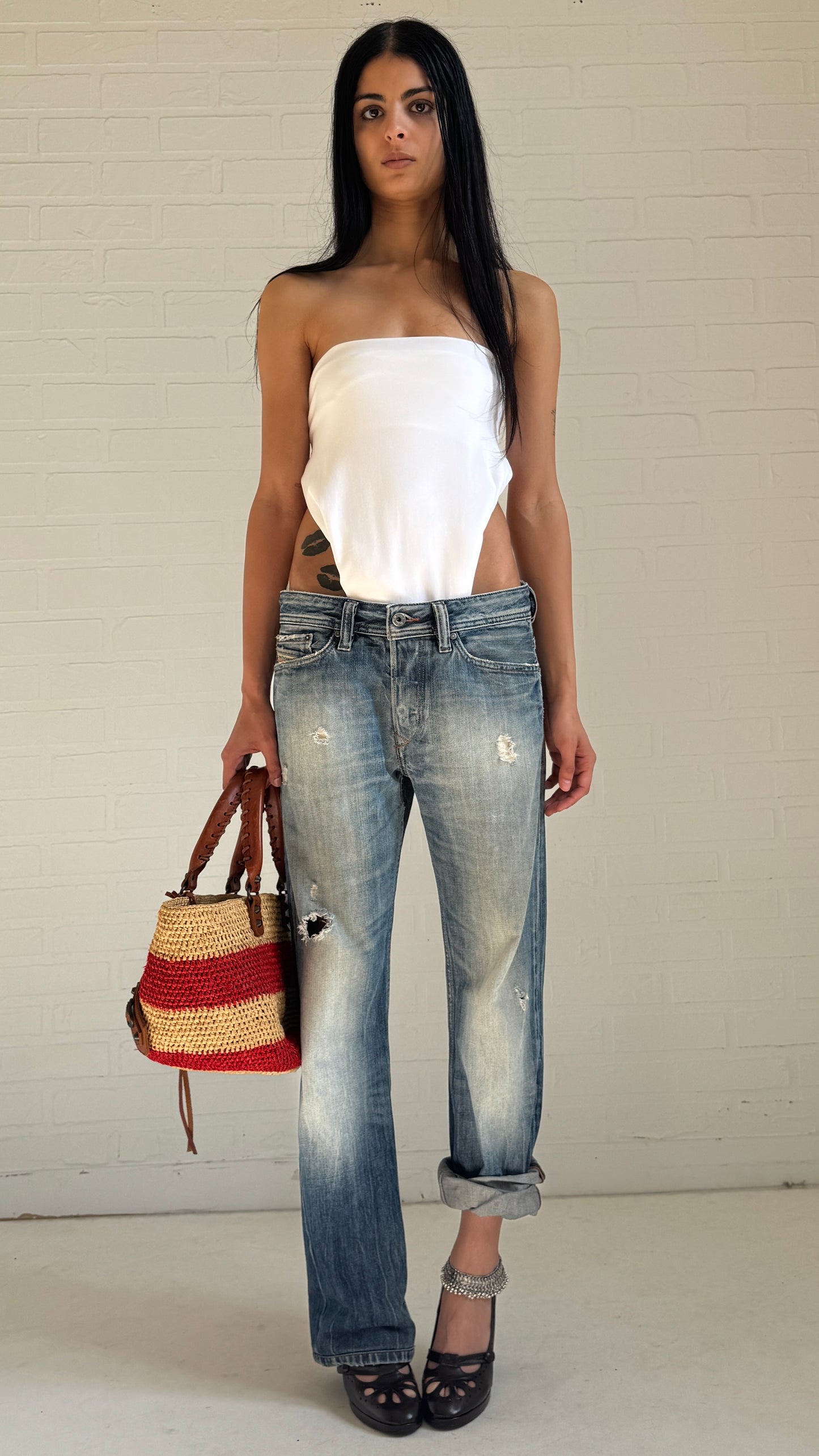 Distressed Faded Blue Straight Jeans