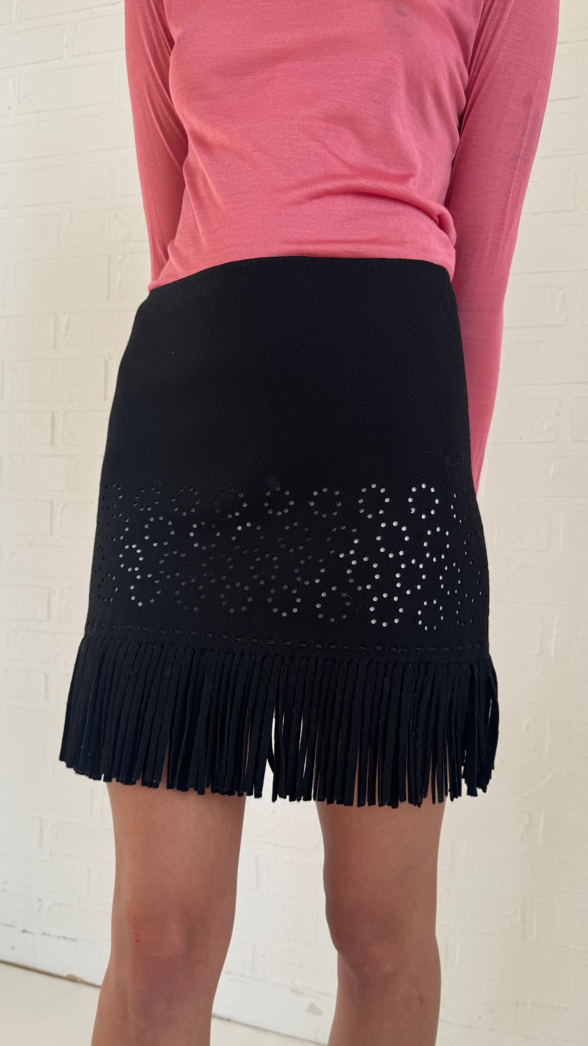 Eyelet Wool Fringe Mini Skirt