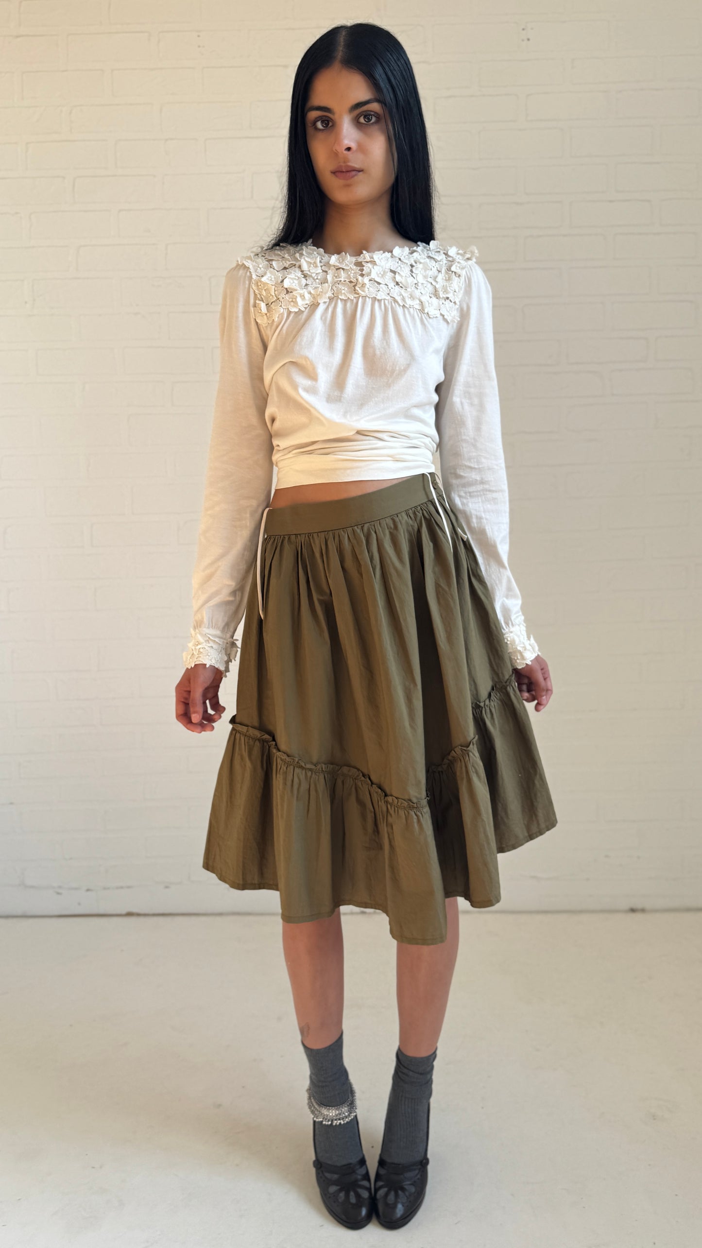 Tiered Cotton Skirt Olive