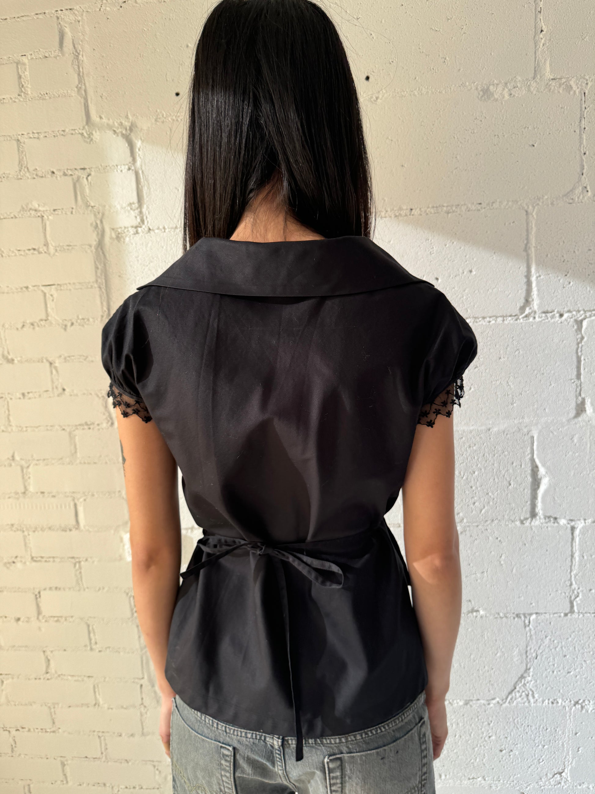 wrap lace sleeve shirt jacket  / black