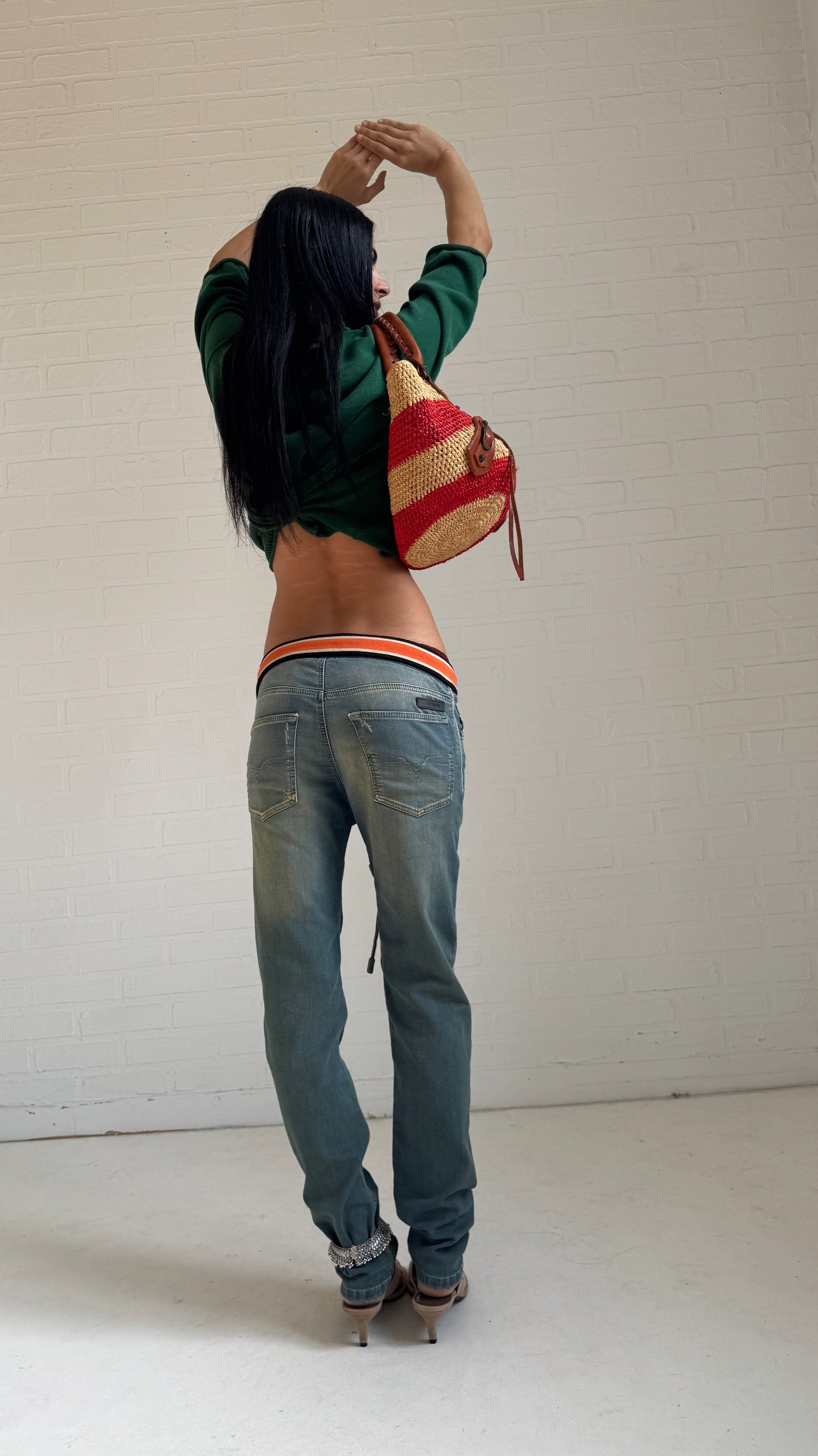 Striped Waist Distressed Jeans