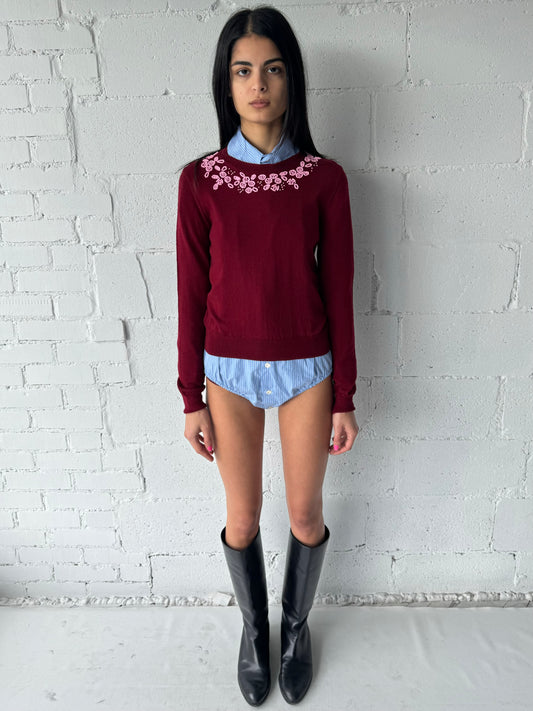 knit beaded sweater / burgundy / pink