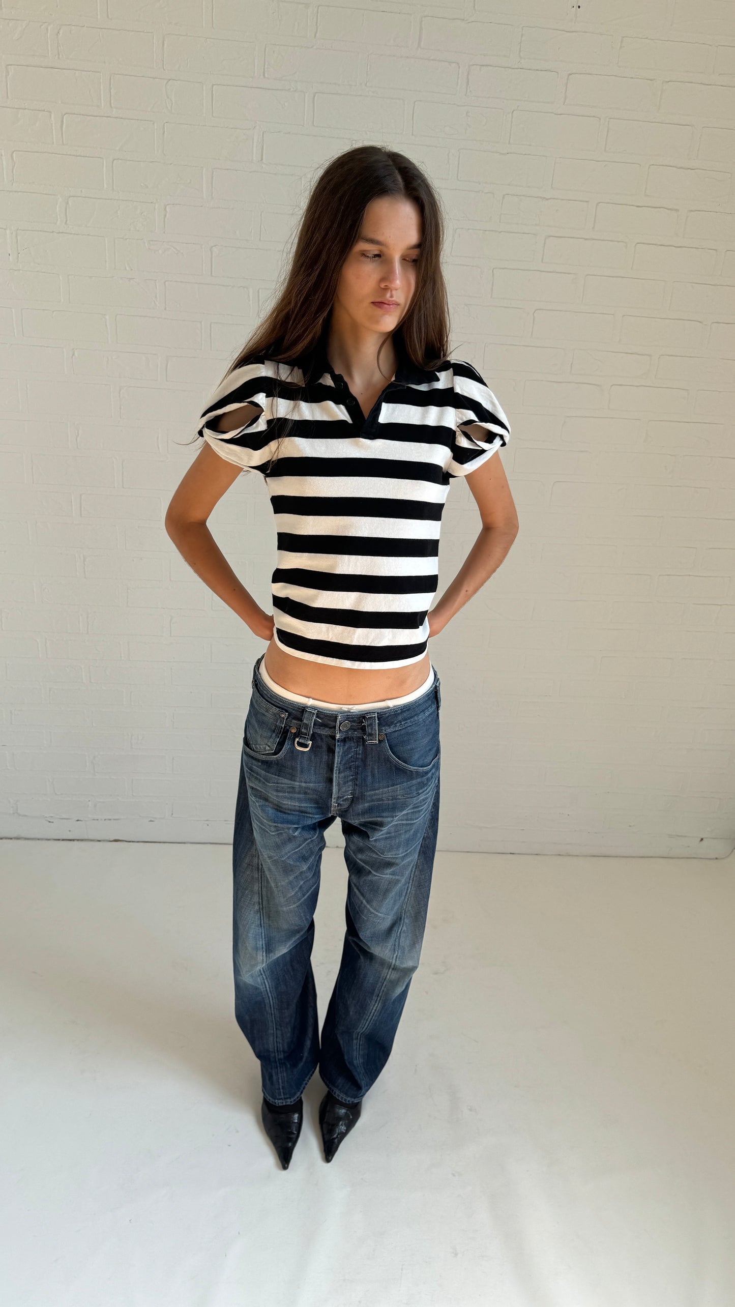 striped cut out polo