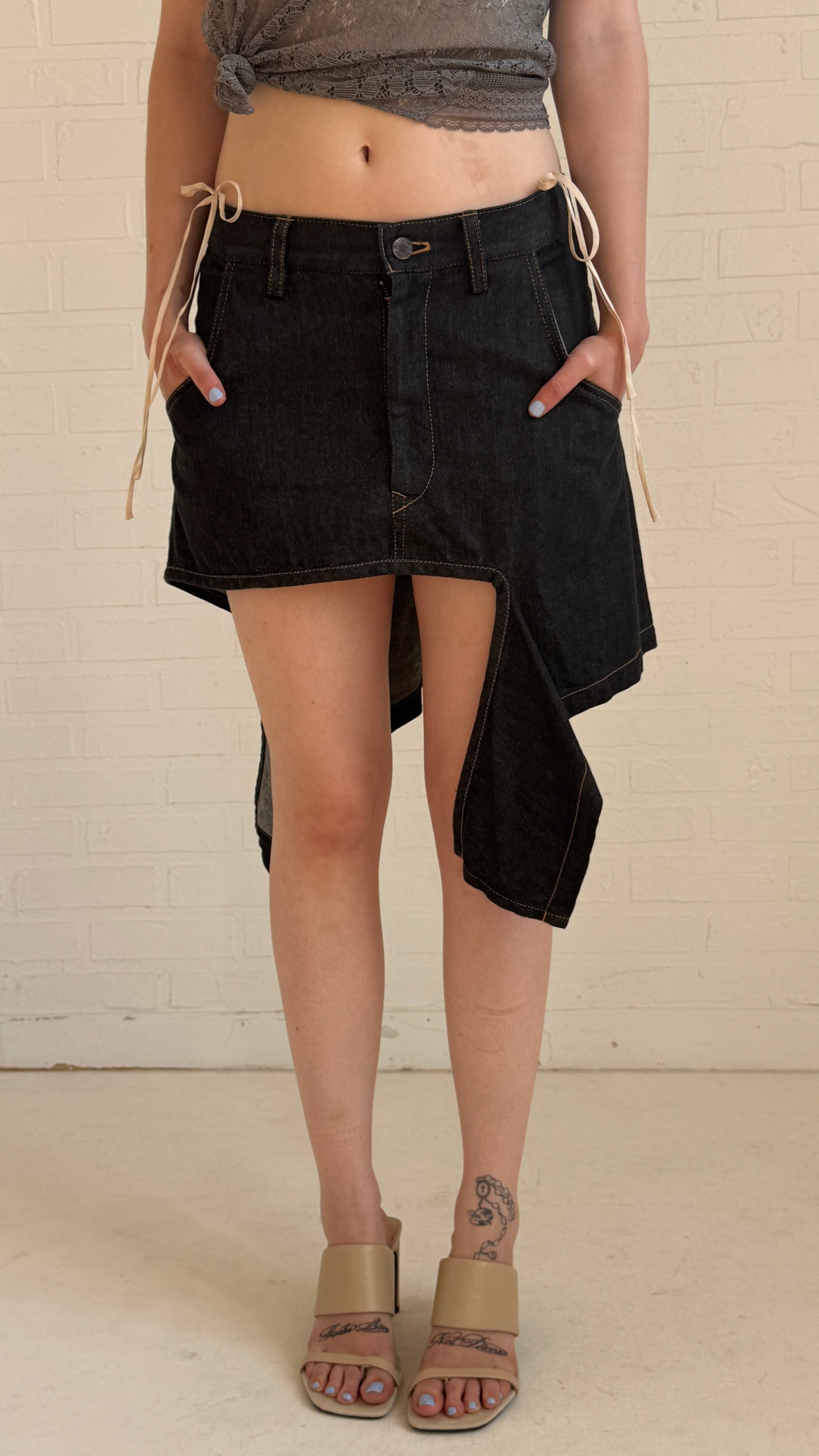 high-low denim mini skirt