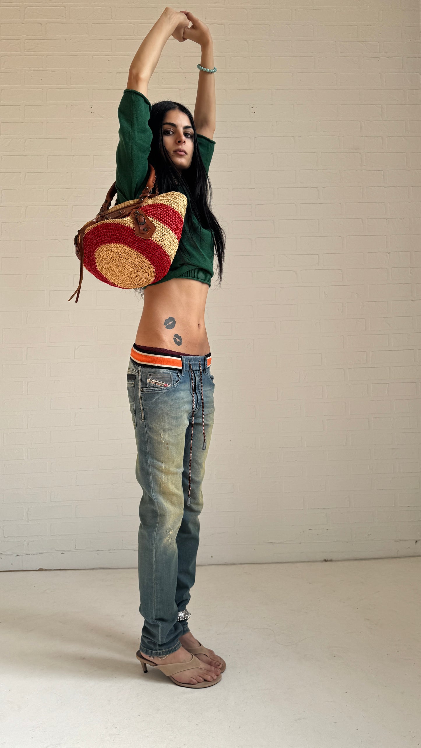 Striped Waist Distressed Jeans