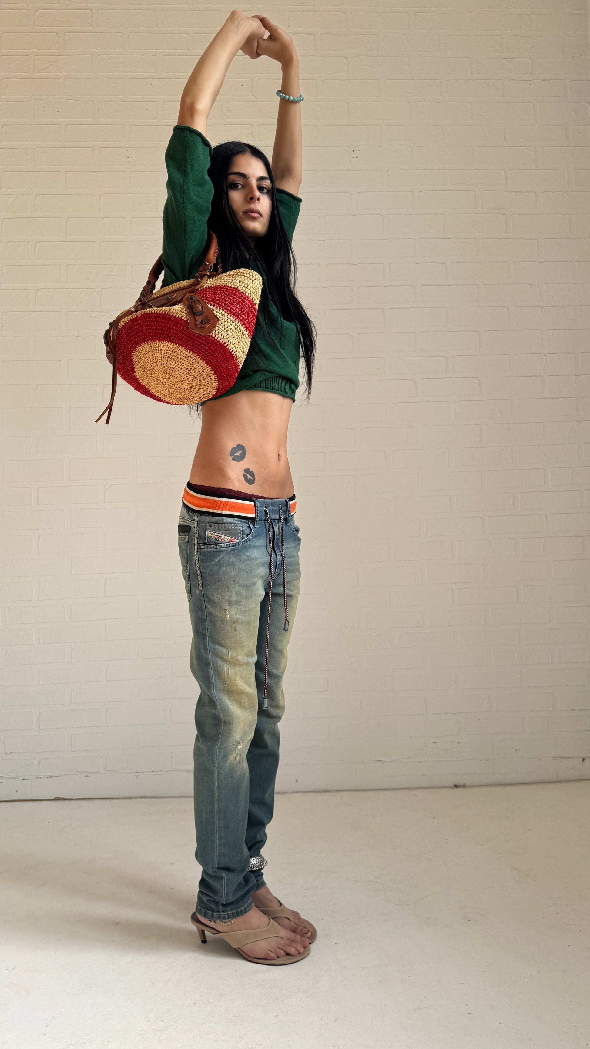 Striped Waist Distressed Jeans