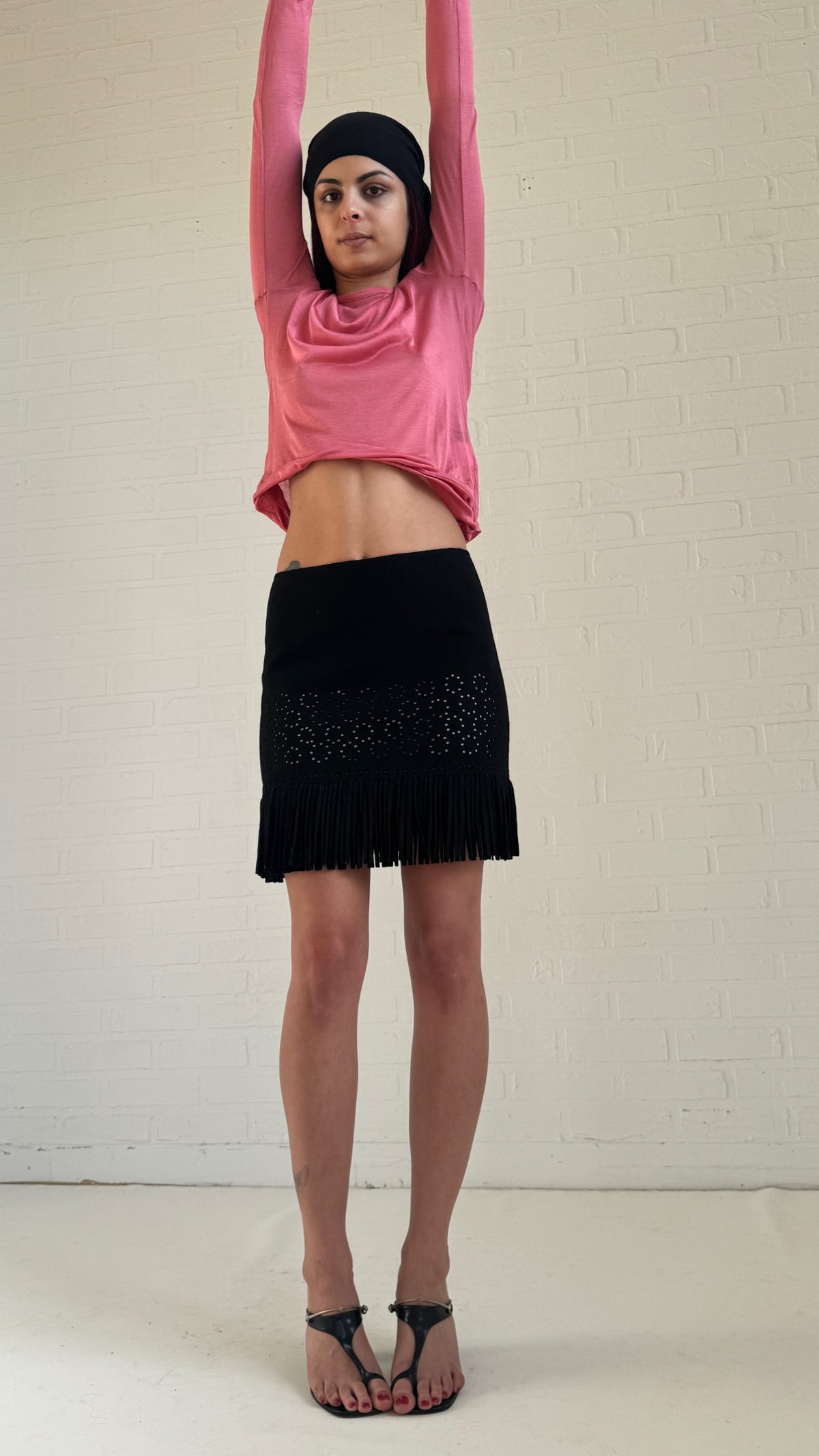 Eyelet Wool Fringe Mini Skirt