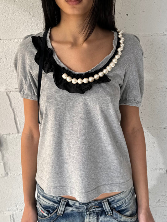 pearls silk t shirt / grey