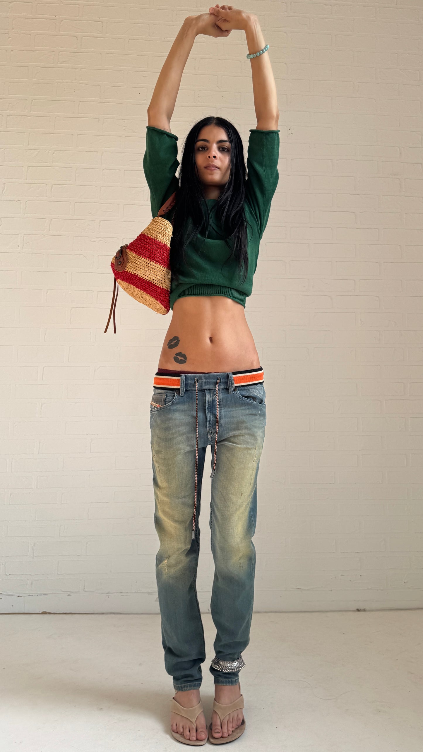 Striped Waist Distressed Jeans