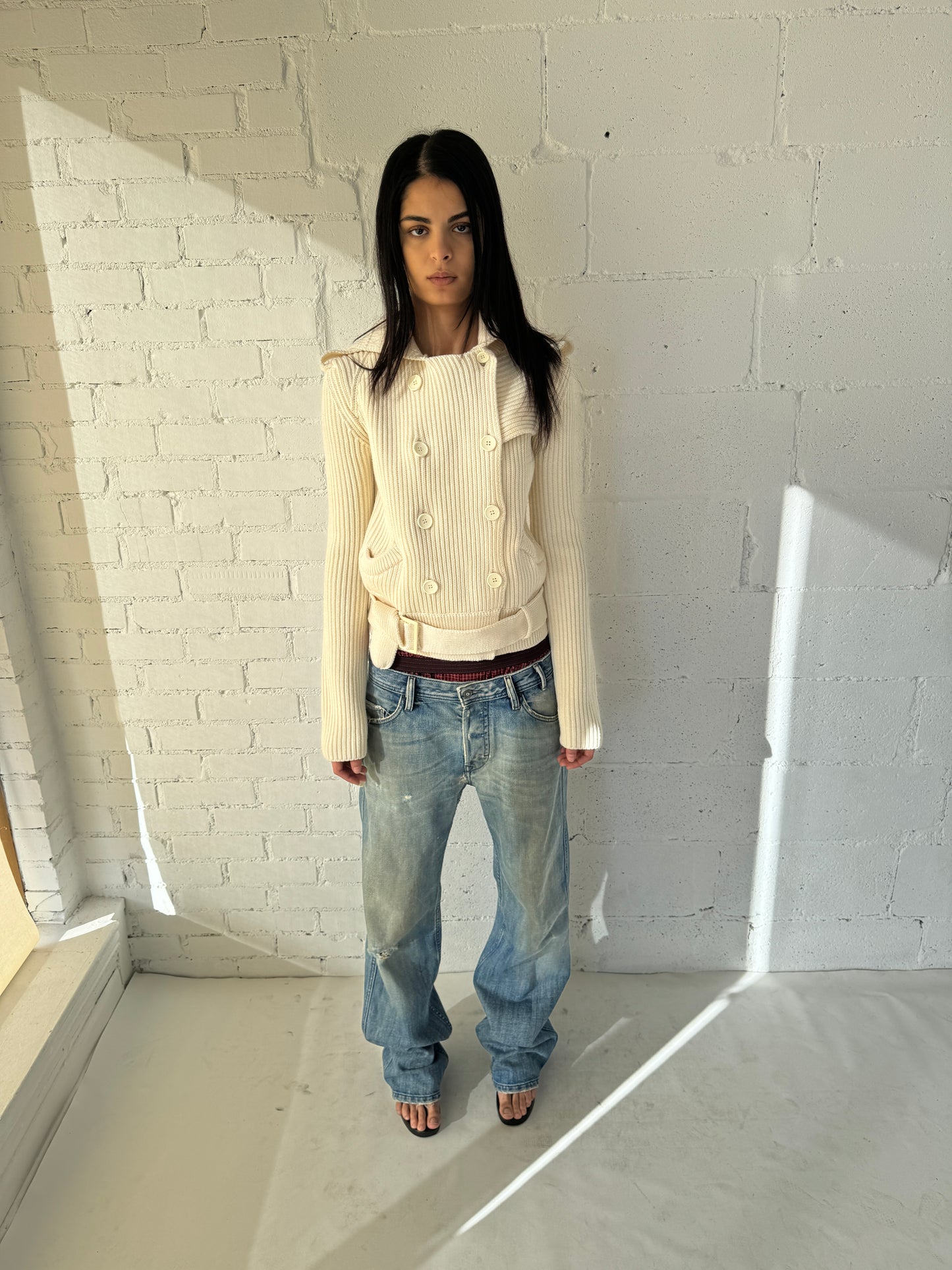 rib knit button jacket / cream