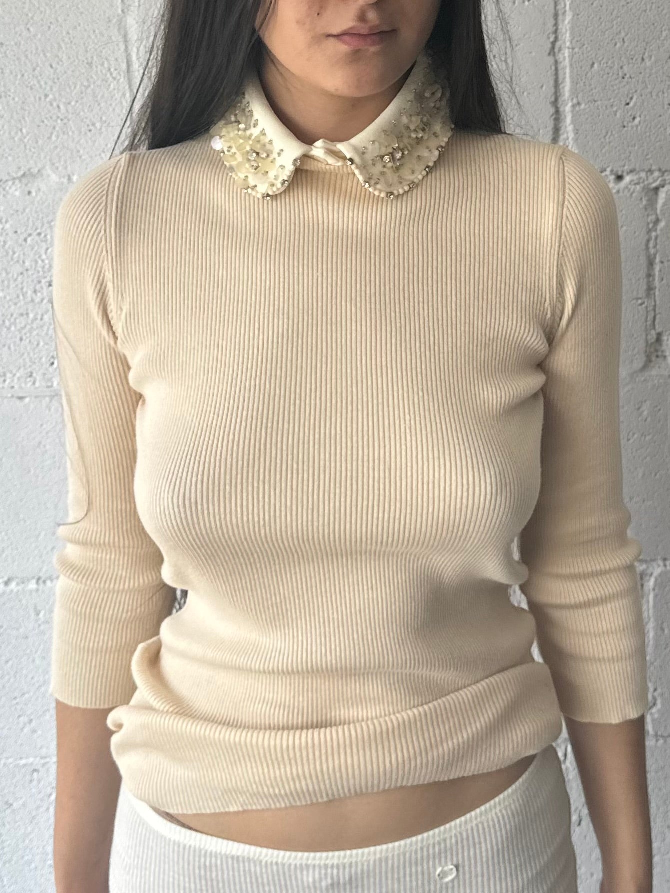 rib knit top & detachable jewelled collar