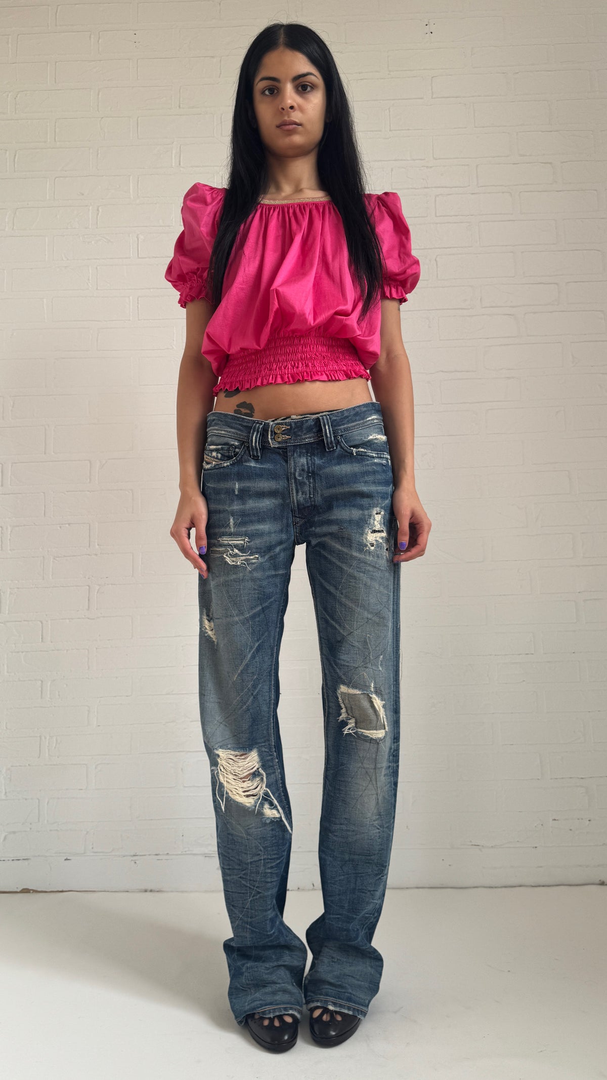 Heavily Distressed Straight Leg Jeans