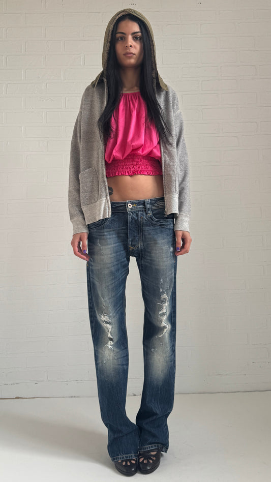 Distressed Dark Wash Straight Leg Jeans