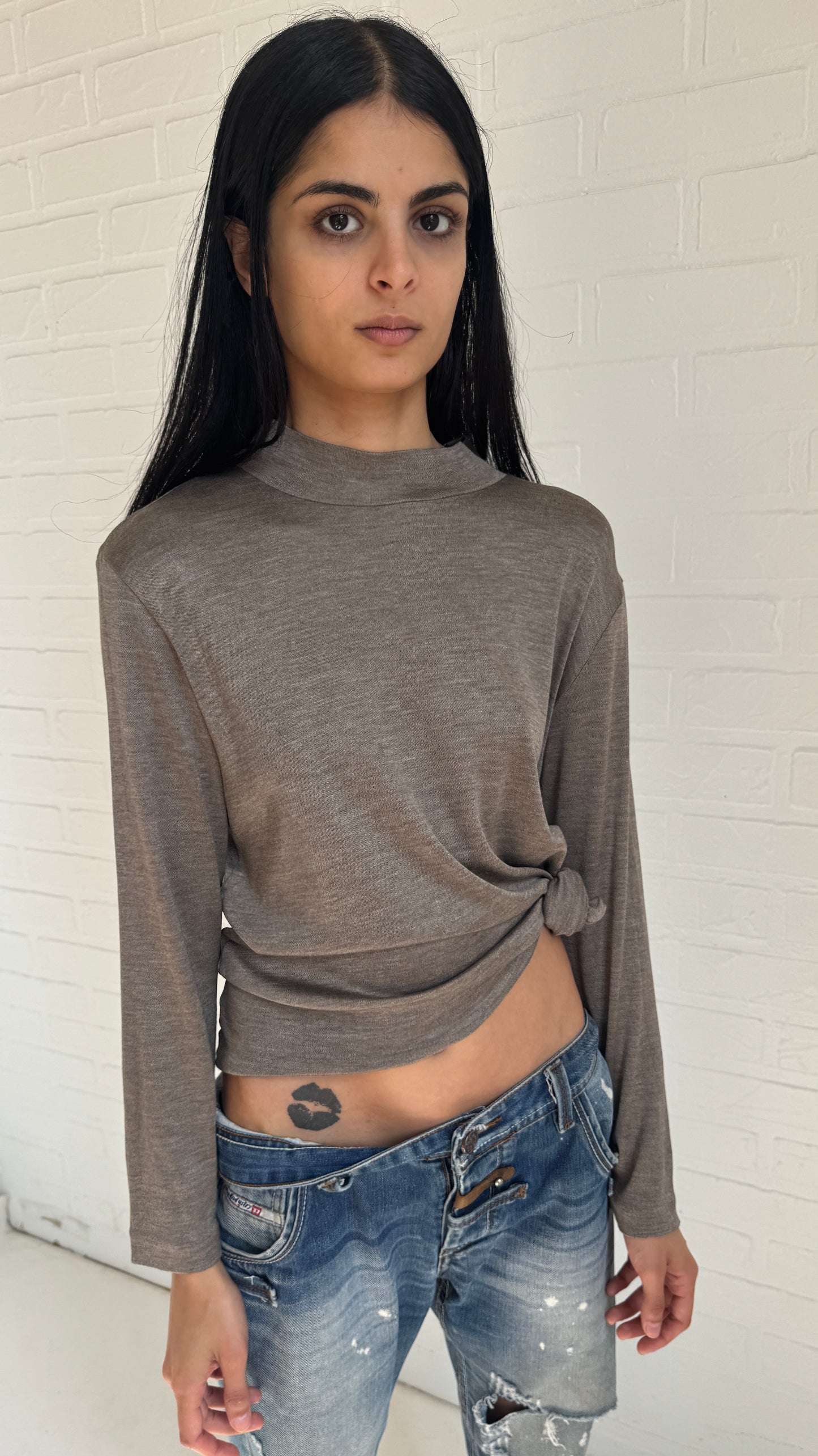 Silk Jersey Mock Neck Top Taupe