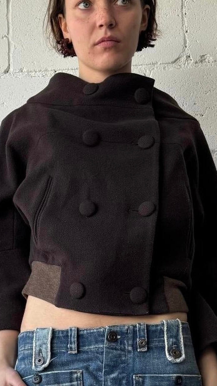 button 3/4 cropped jacket / brown