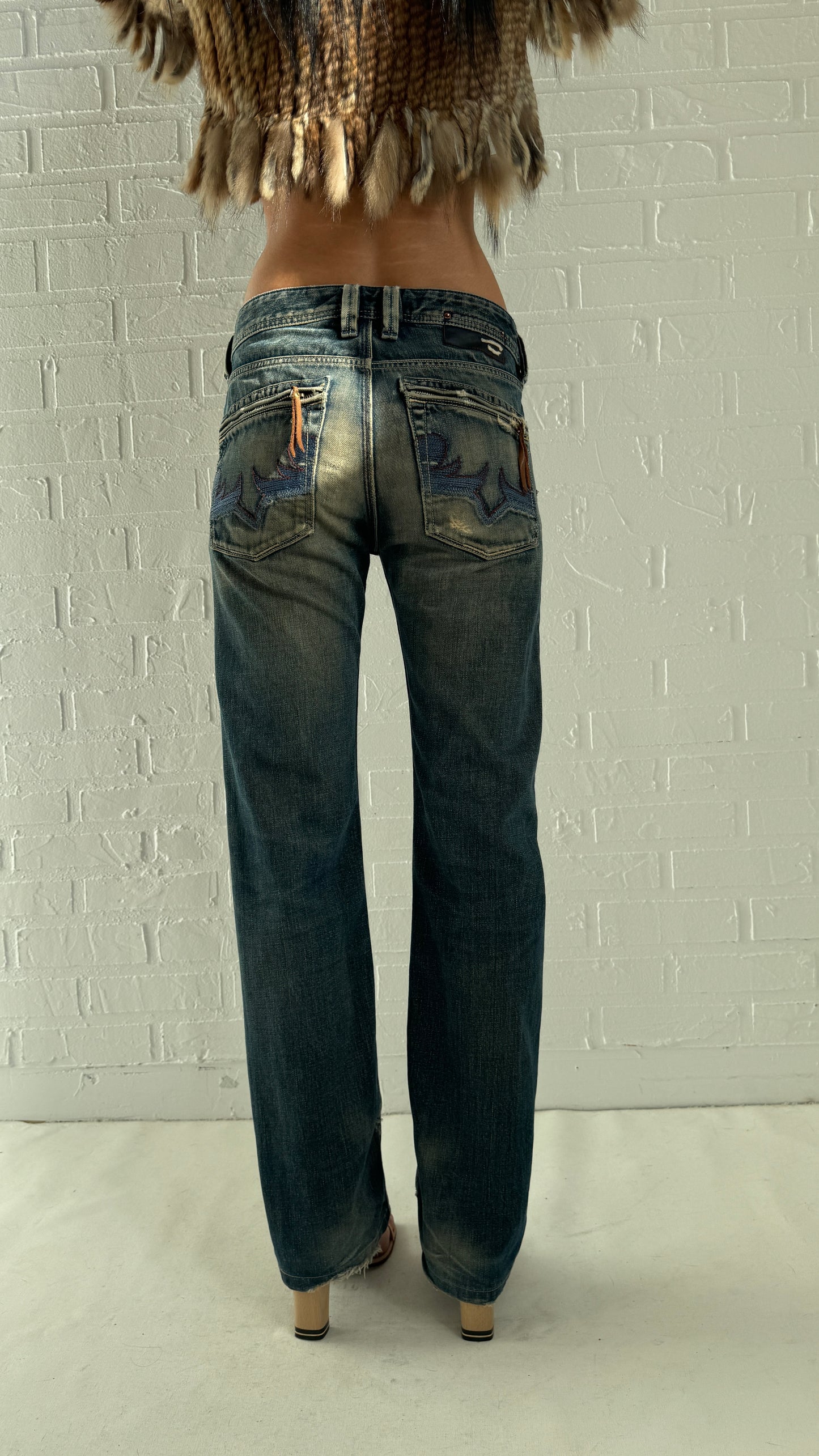 distressed embroidered pocket jeans