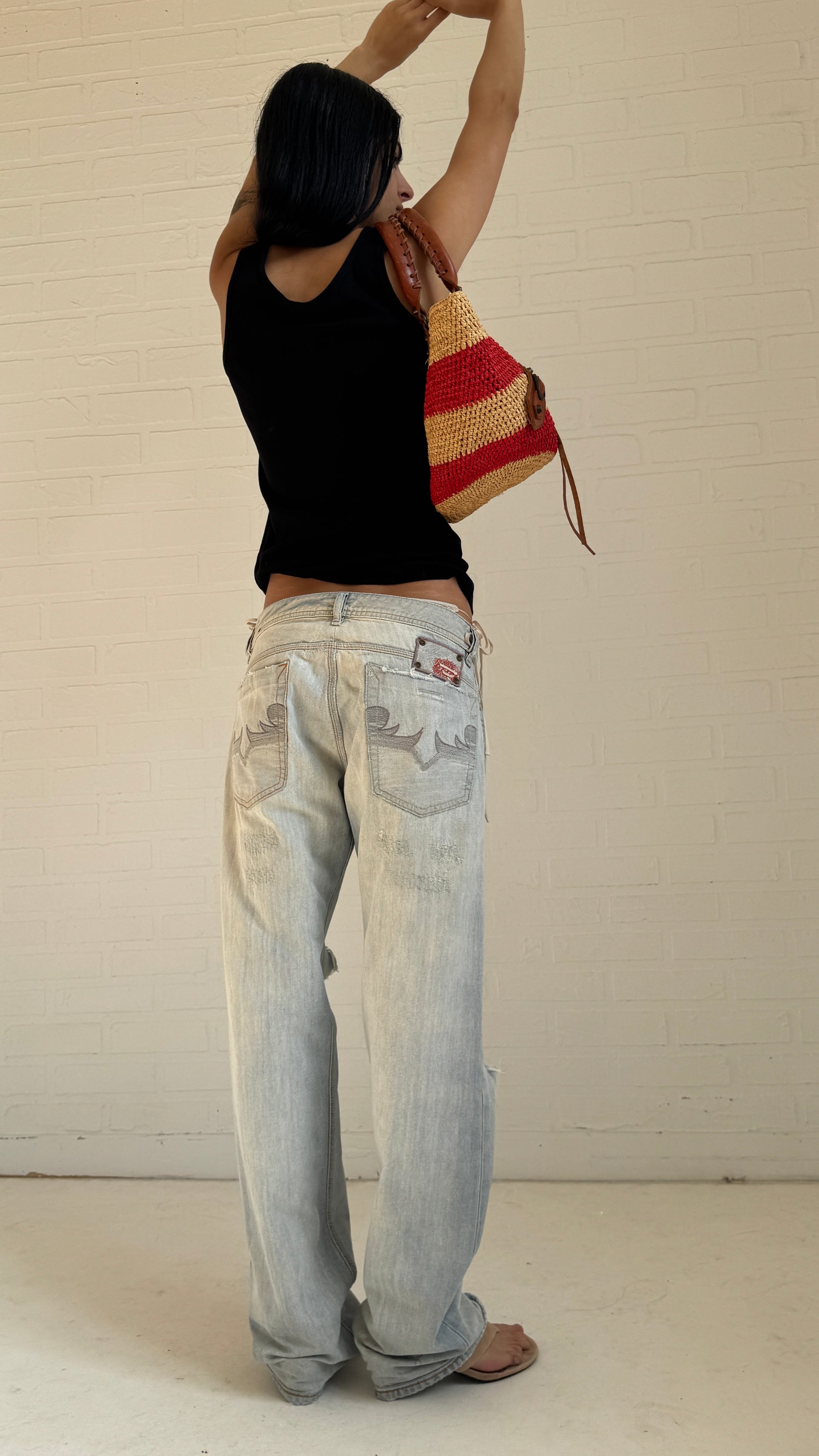 Distressed Embroidered Pockets Light Wash Jeans